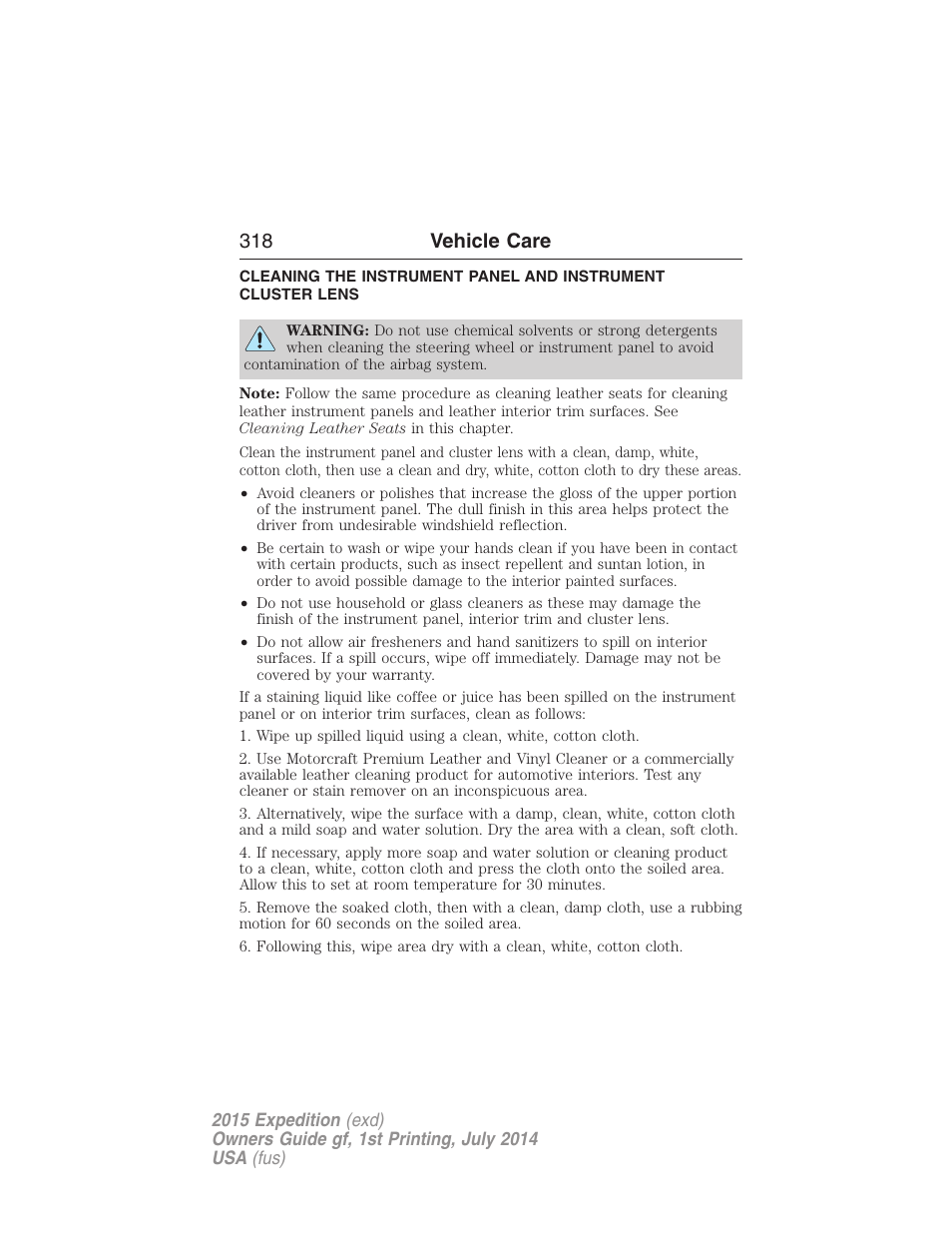 318 vehicle care | FORD 2015 Expedition User Manual | Page 319 / 564