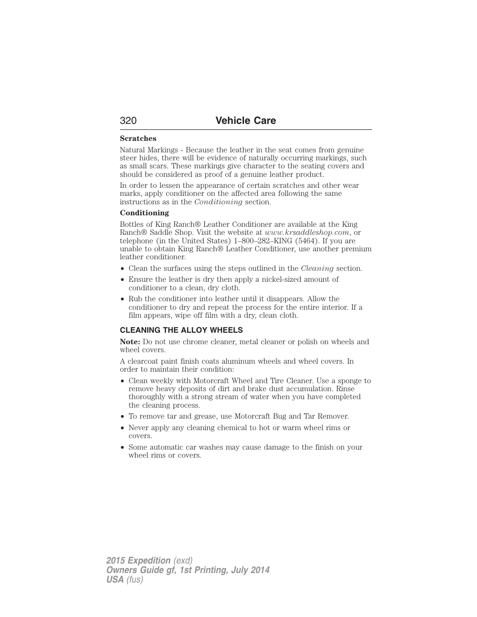 Cleaning the alloy wheels, 320 vehicle care | FORD 2015 Expedition User Manual | Page 321 / 564