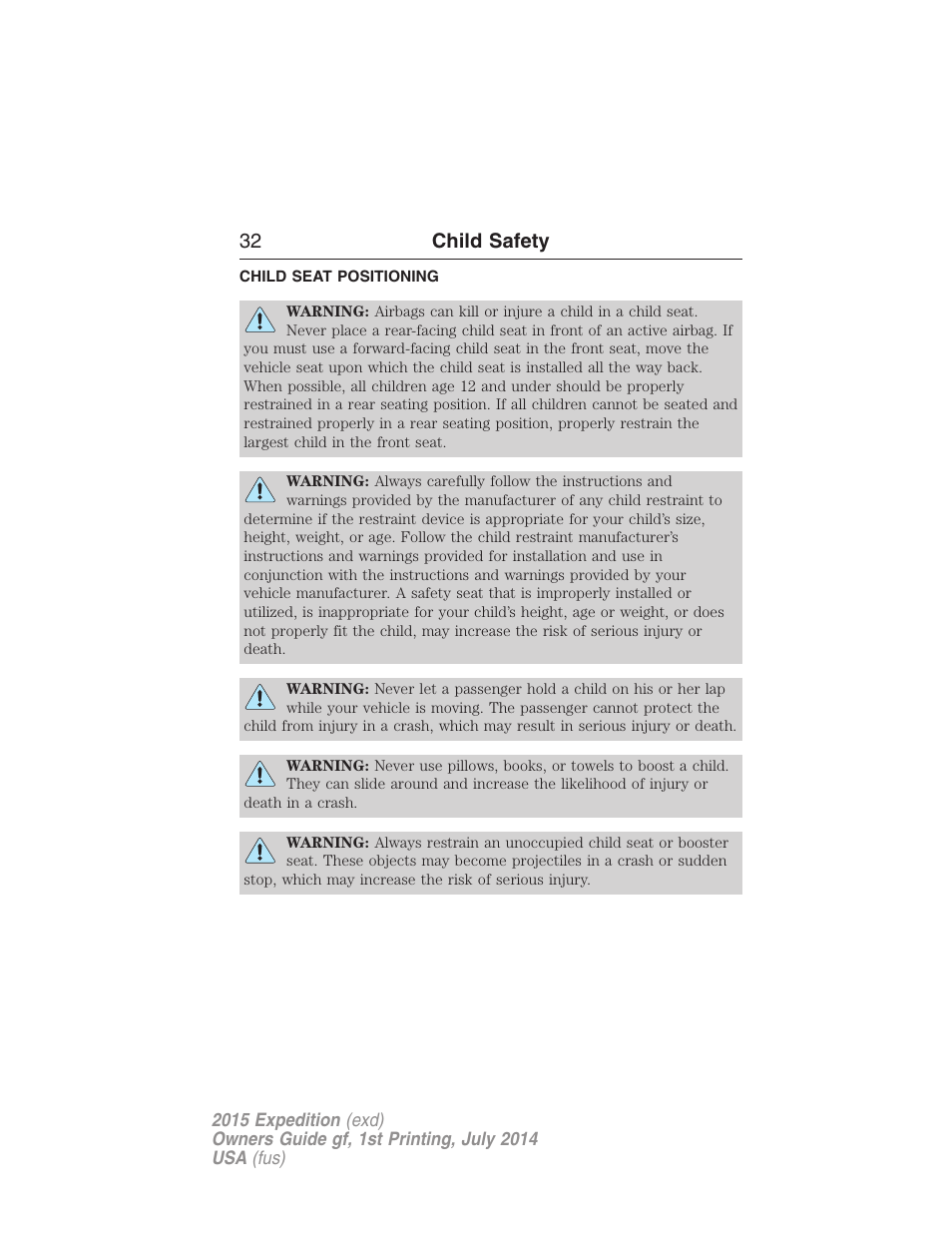 Child seat positioning, 32 child safety | FORD 2015 Expedition User Manual | Page 33 / 564