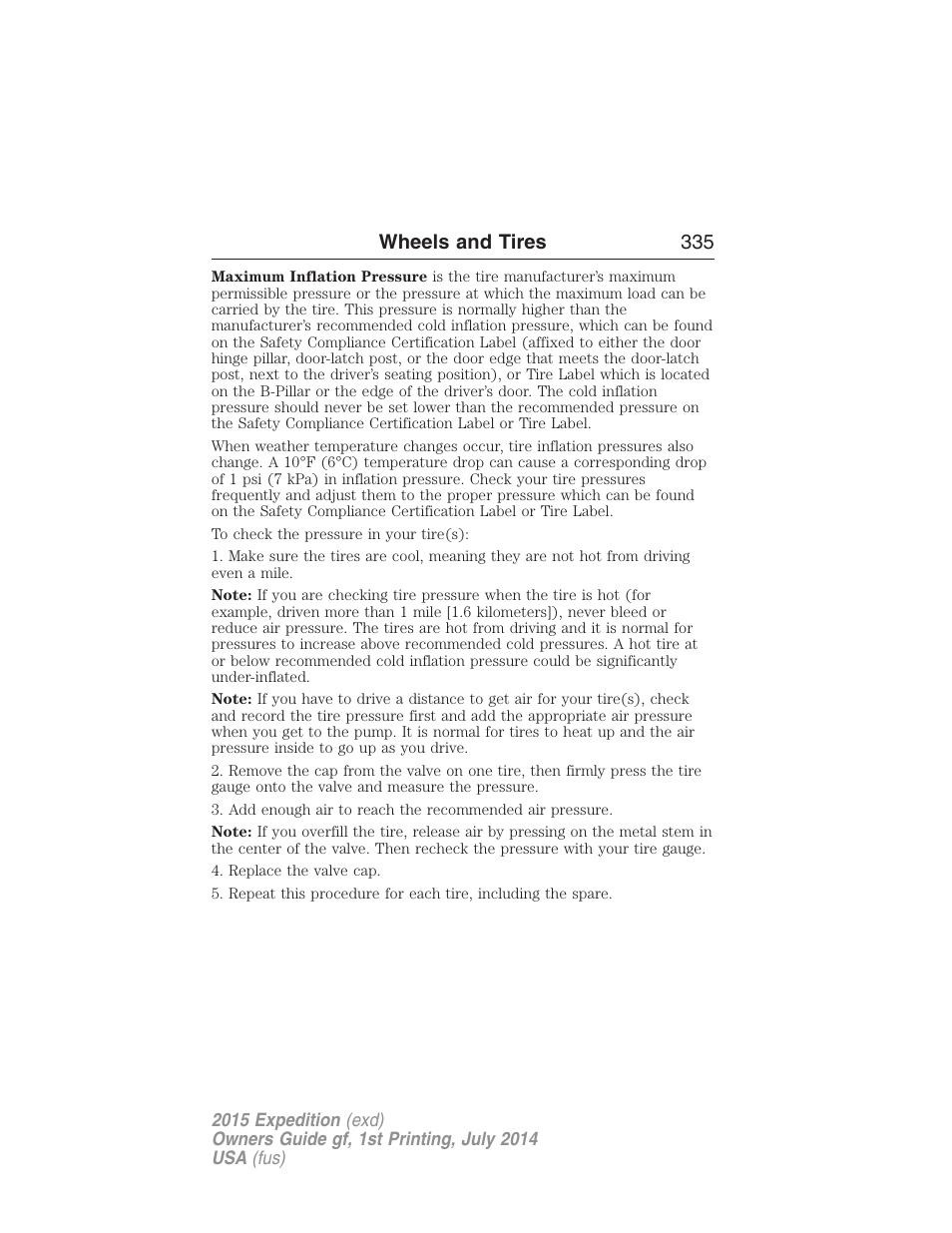 Wheels and tires 335 | FORD 2015 Expedition User Manual | Page 336 / 564