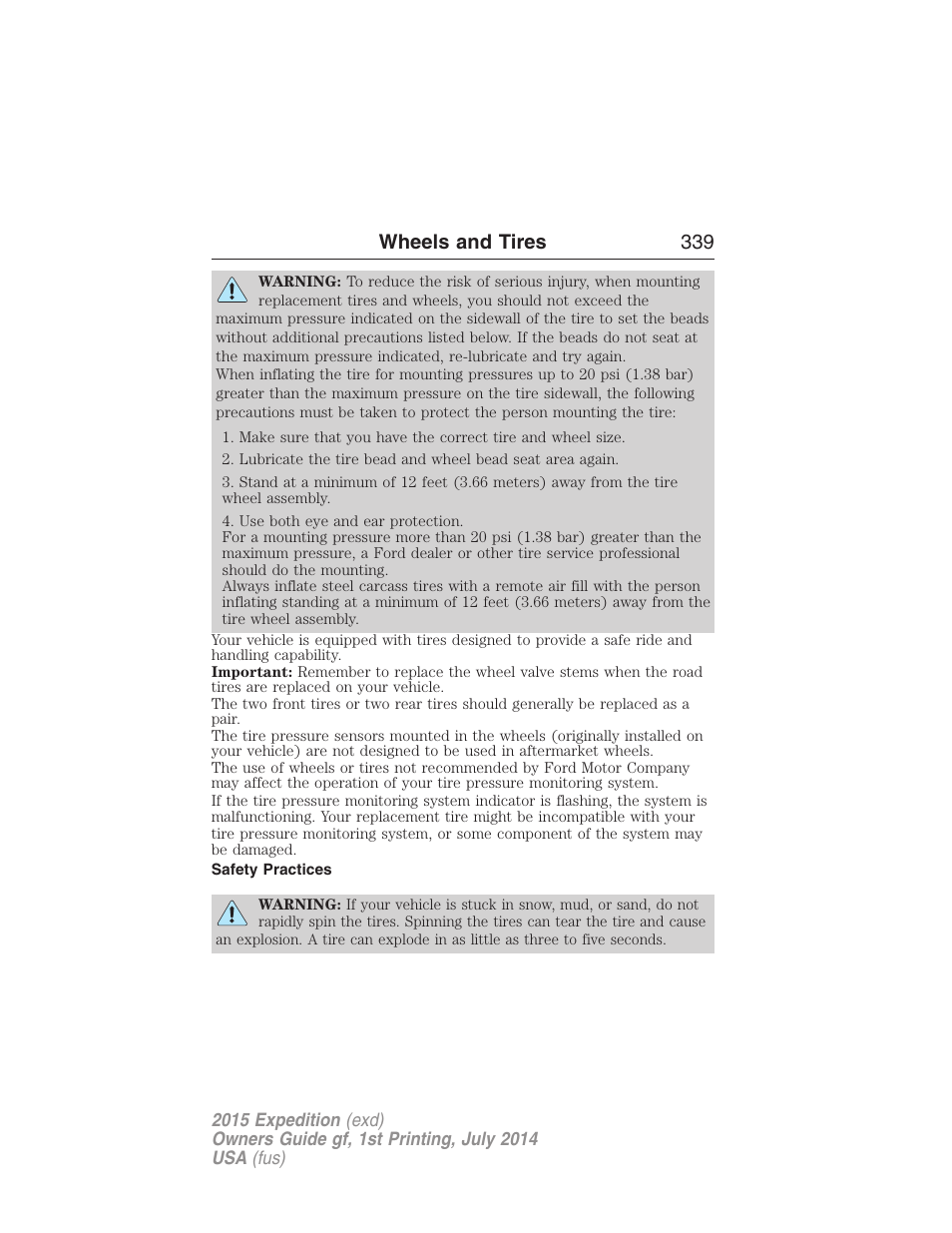 Safety practices, Wheels and tires 339 | FORD 2015 Expedition User Manual | Page 340 / 564