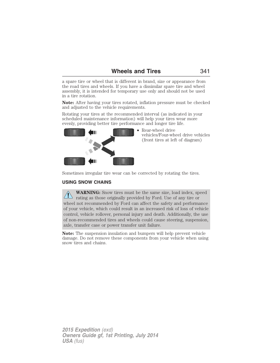 Using snow chains, Wheels and tires 341 | FORD 2015 Expedition User Manual | Page 342 / 564