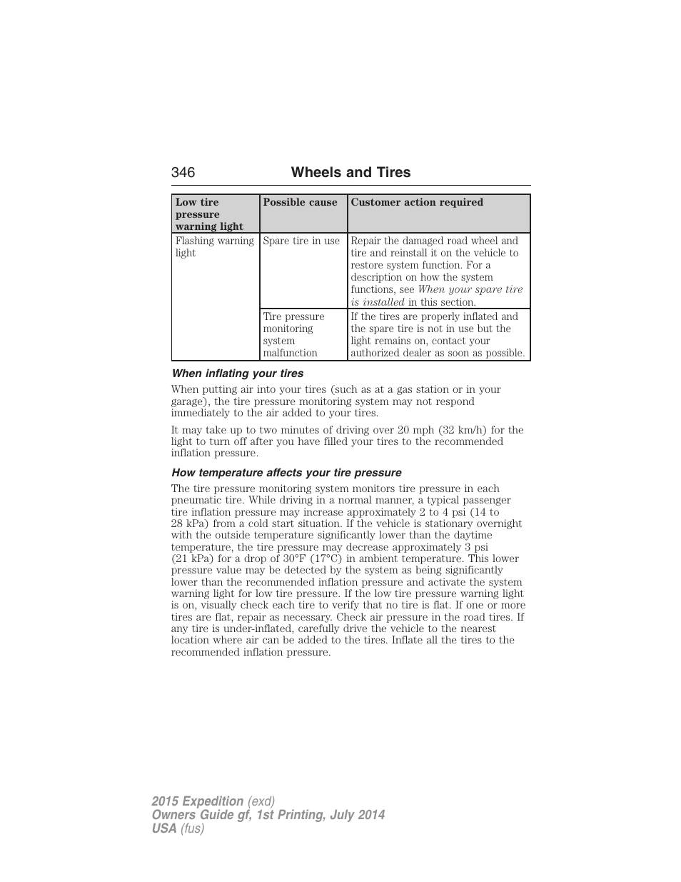 When inflating your tires, How temperature affects your tire pressure, 346 wheels and tires | FORD 2015 Expedition User Manual | Page 347 / 564