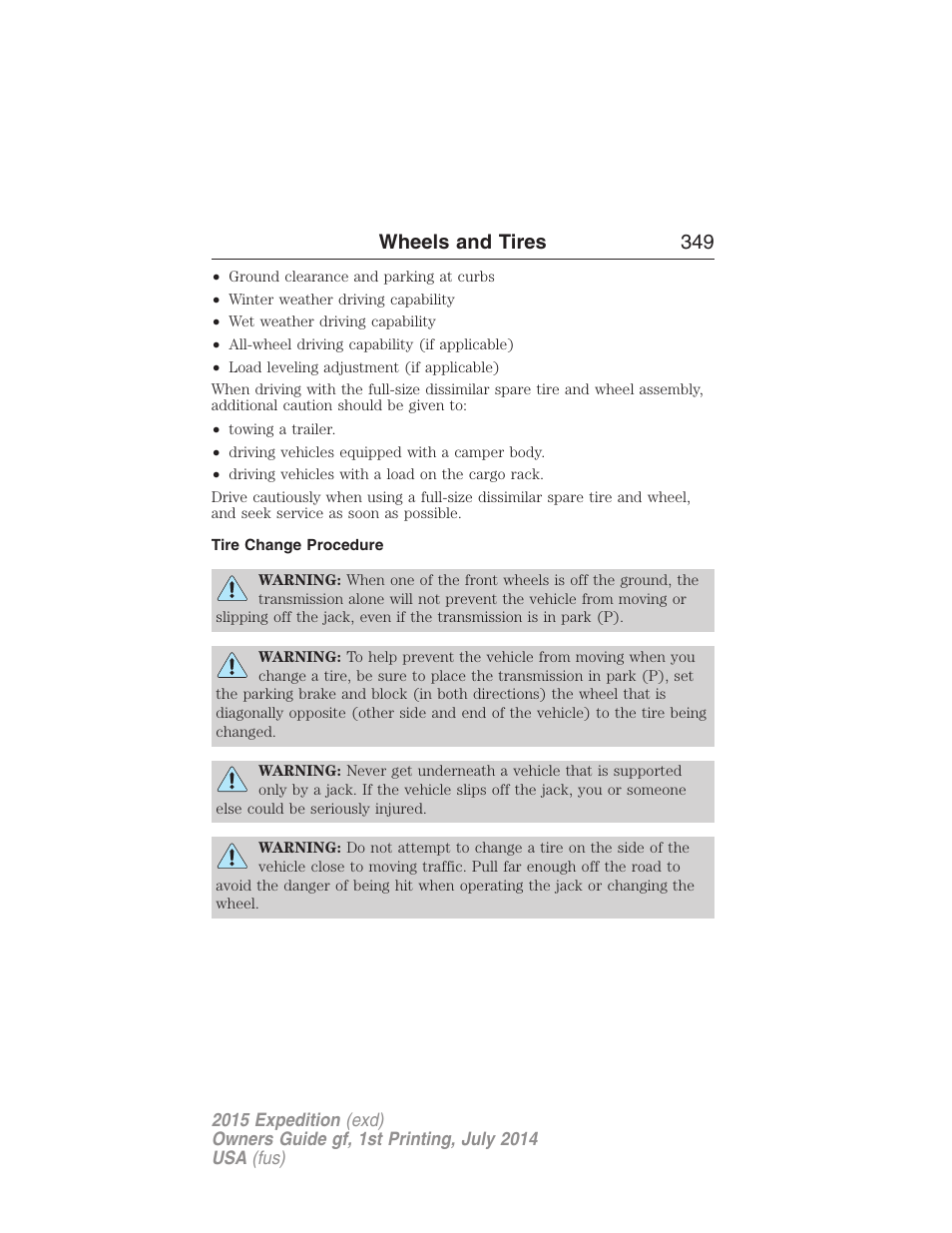 Tire change procedure, Wheels and tires 349 | FORD 2015 Expedition User Manual | Page 350 / 564