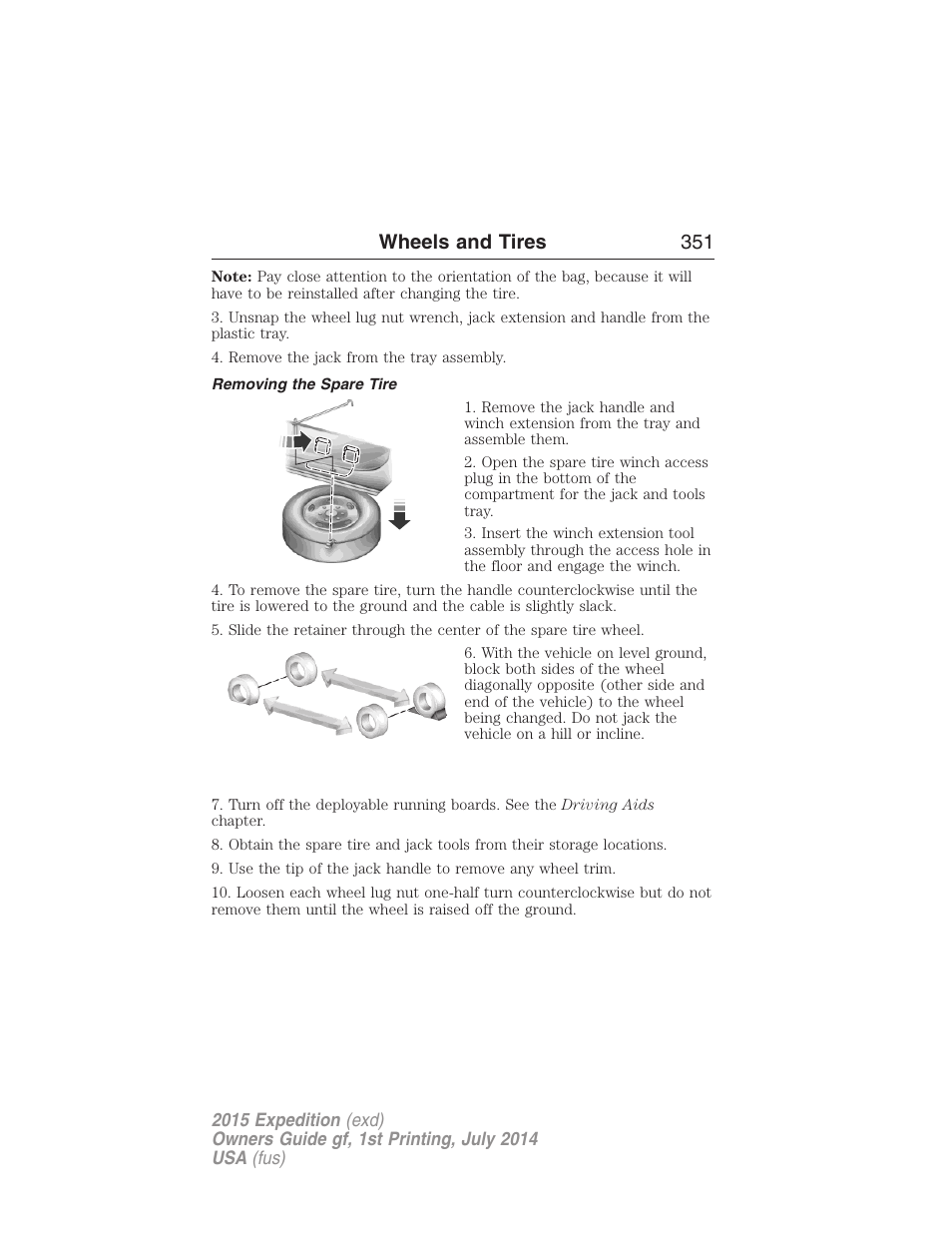 Removing the spare tire, Wheels and tires 351 | FORD 2015 Expedition User Manual | Page 352 / 564