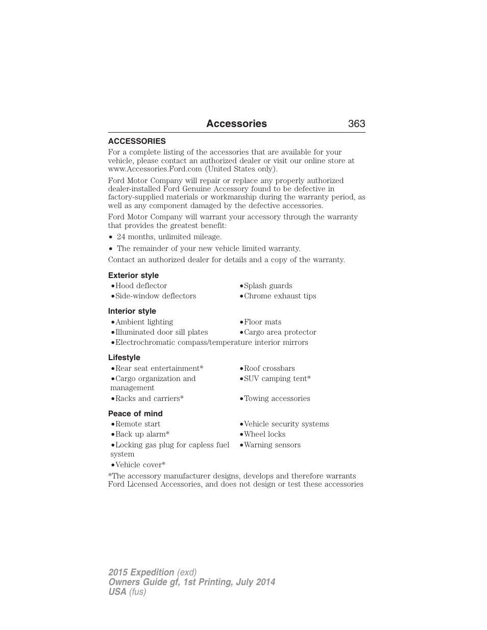 Accessories, Exterior style, Interior style | Lifestyle, Peace of mind, Accessories 363 | FORD 2015 Expedition User Manual | Page 364 / 564