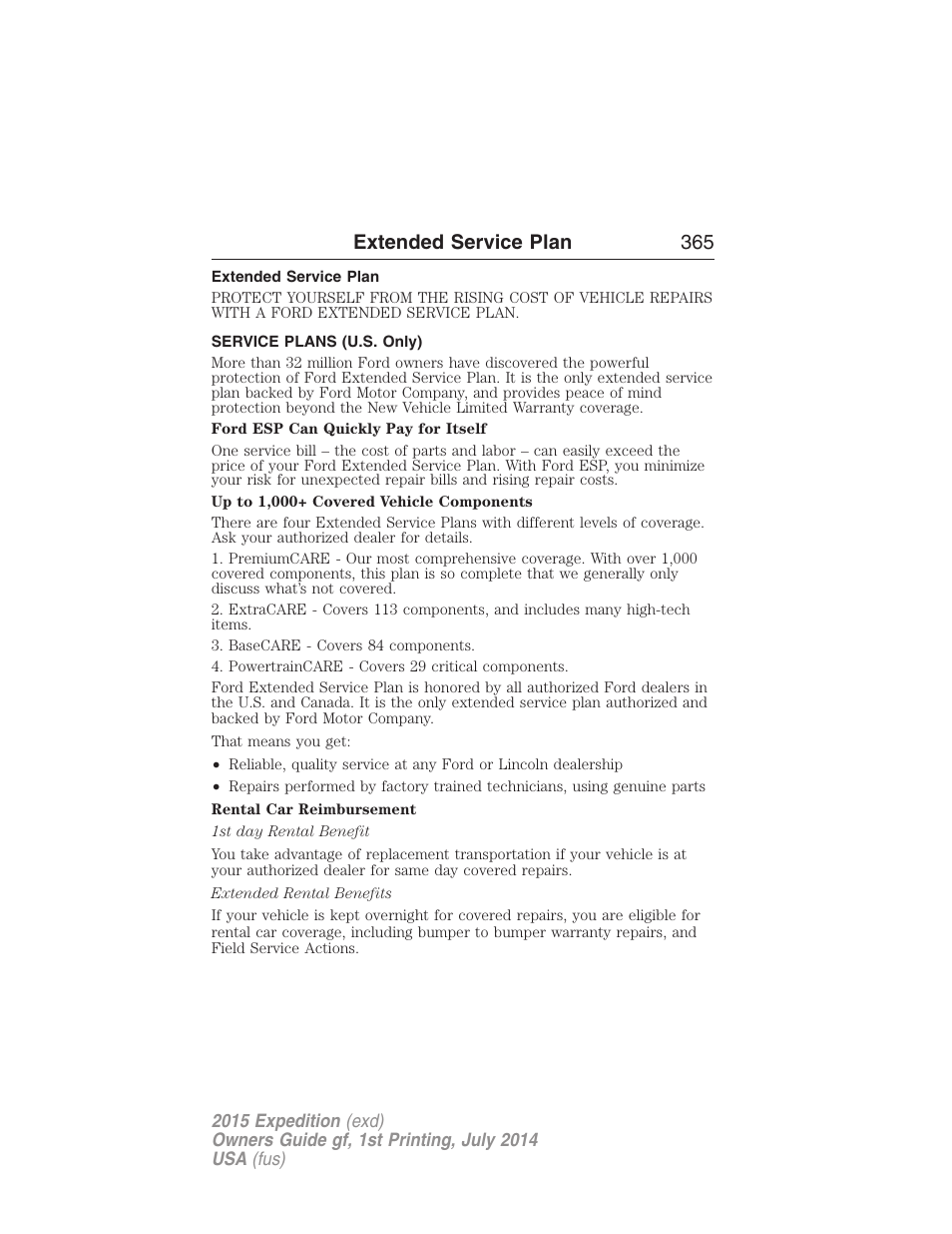 Extended service plan, Service plans (u.s. only), Extended service plan 365 | FORD 2015 Expedition User Manual | Page 366 / 564