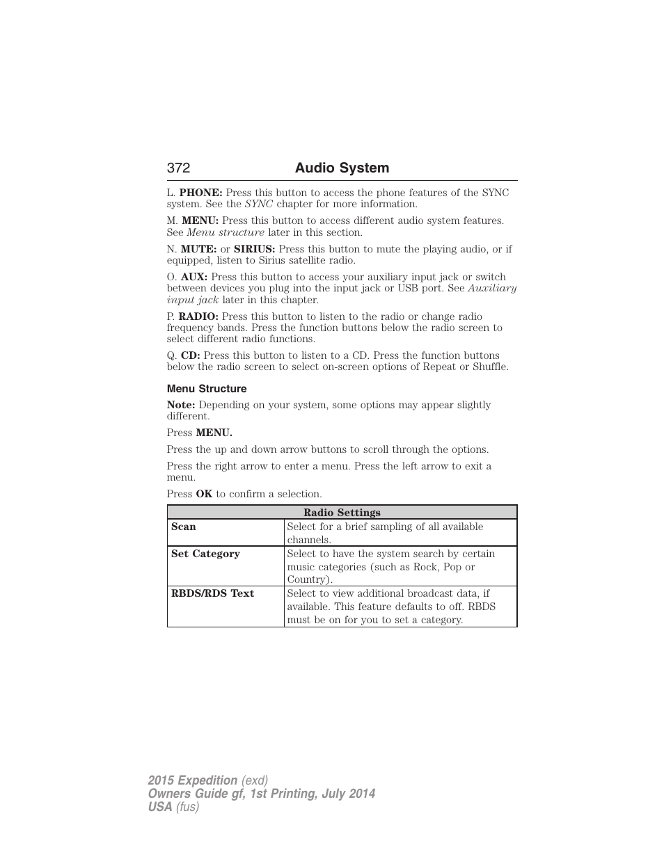 Menu structure, 372 audio system | FORD 2015 Expedition User Manual | Page 373 / 564