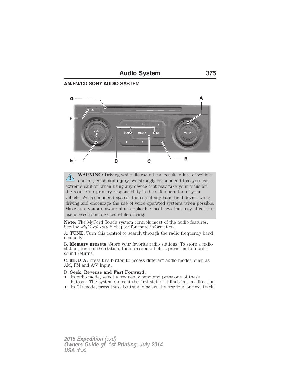 Am/fm/cd sony audio system, Audio system 375 | FORD 2015 Expedition User Manual | Page 376 / 564