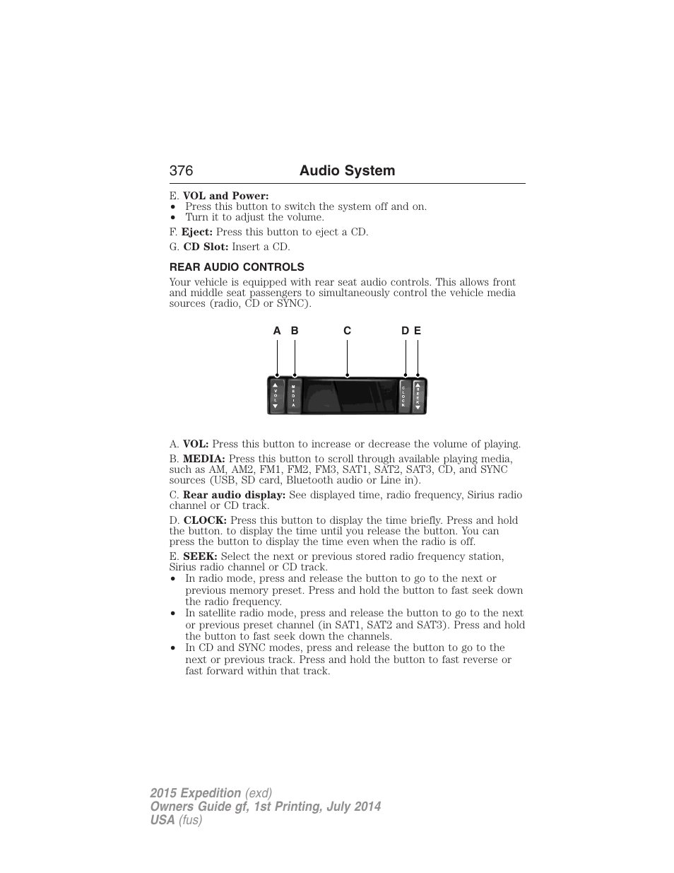 Rear audio controls, Rear seat controls, 376 audio system | FORD 2015 Expedition User Manual | Page 377 / 564