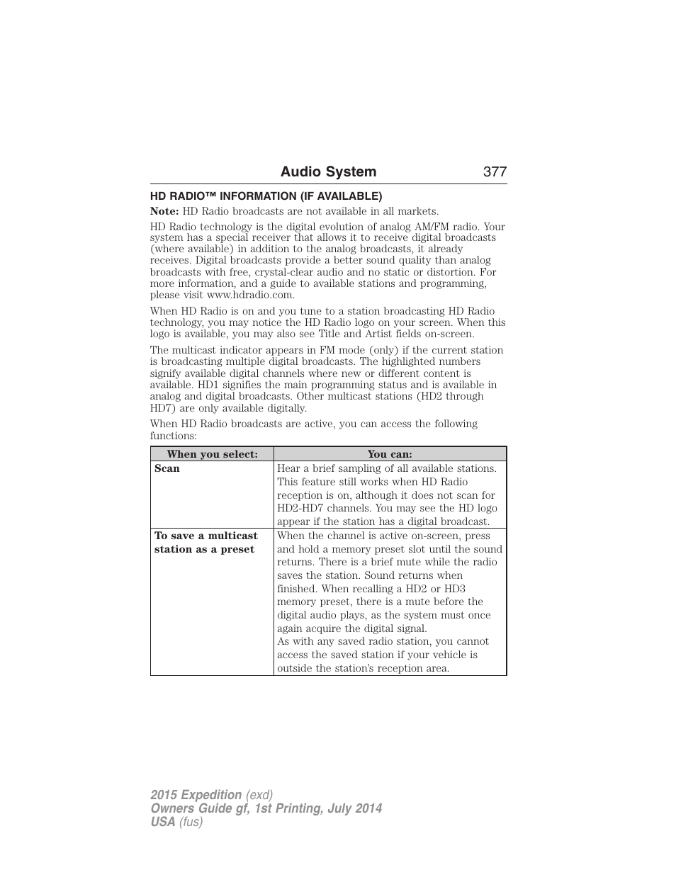 Hd radio™ information (if available), Audio system 377 | FORD 2015 Expedition User Manual | Page 378 / 564