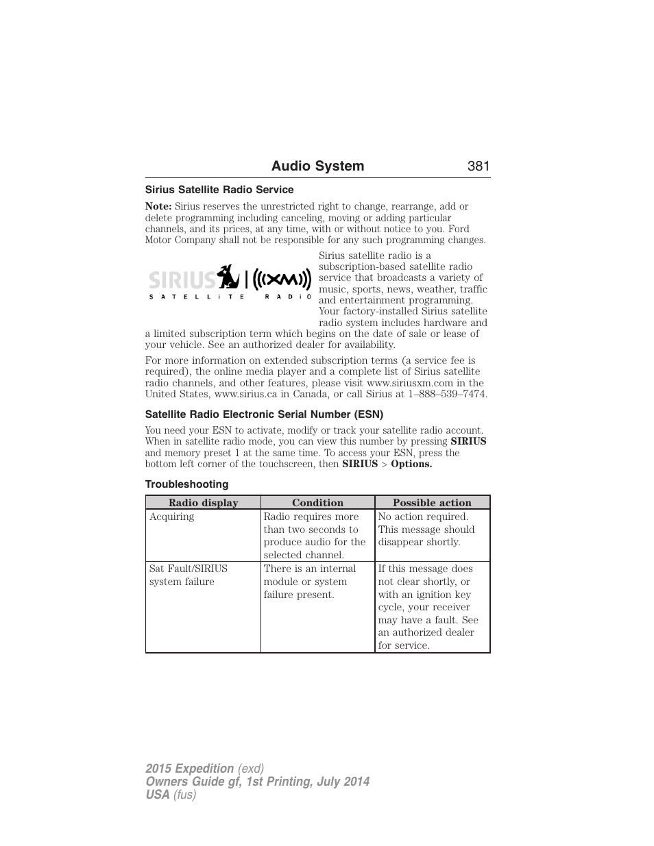 Sirius satellite radio service, Satellite radio electronic serial number (esn), Troubleshooting | Audio system 381 | FORD 2015 Expedition User Manual | Page 382 / 564