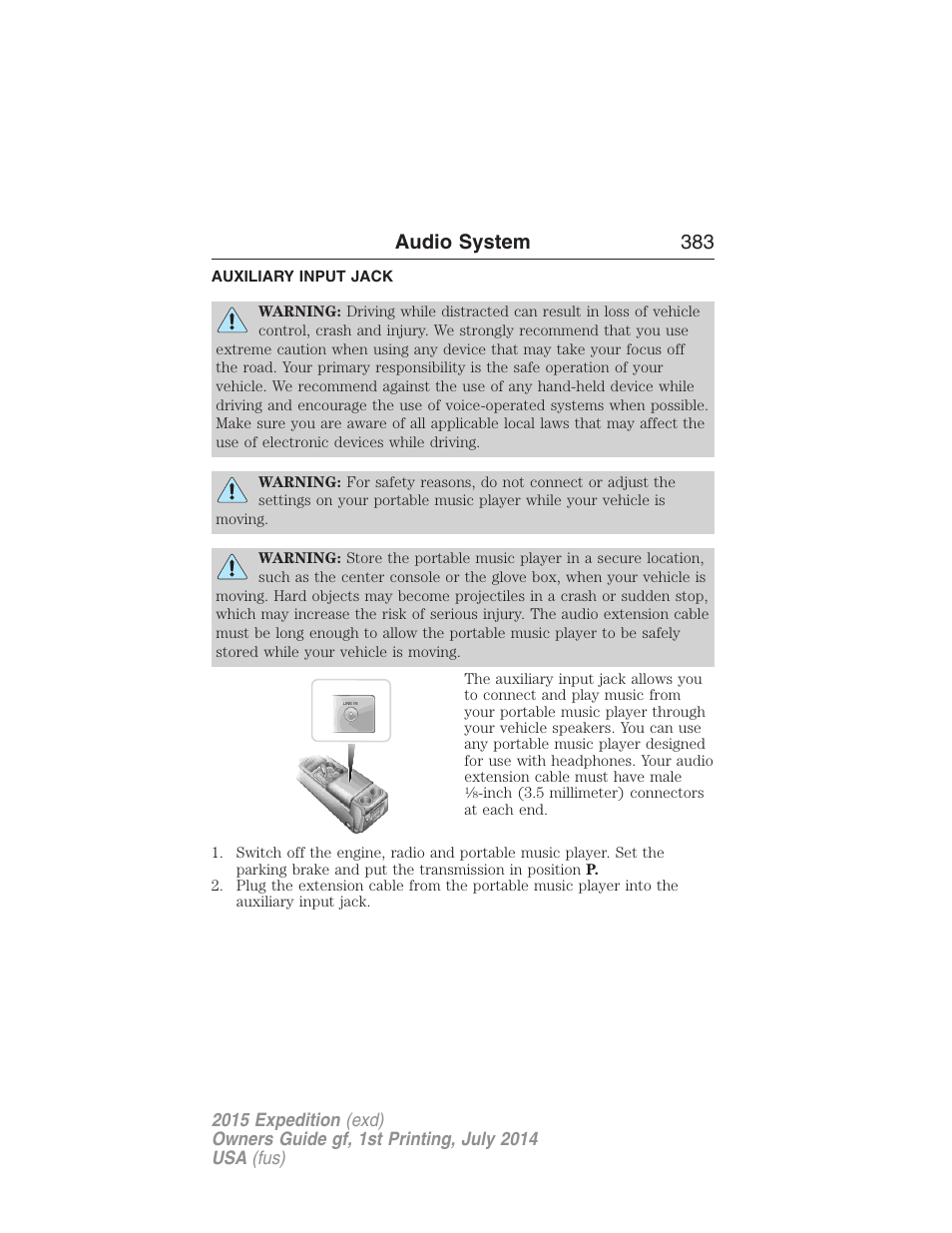 Auxiliary input jack, Audio system 383 | FORD 2015 Expedition User Manual | Page 384 / 564