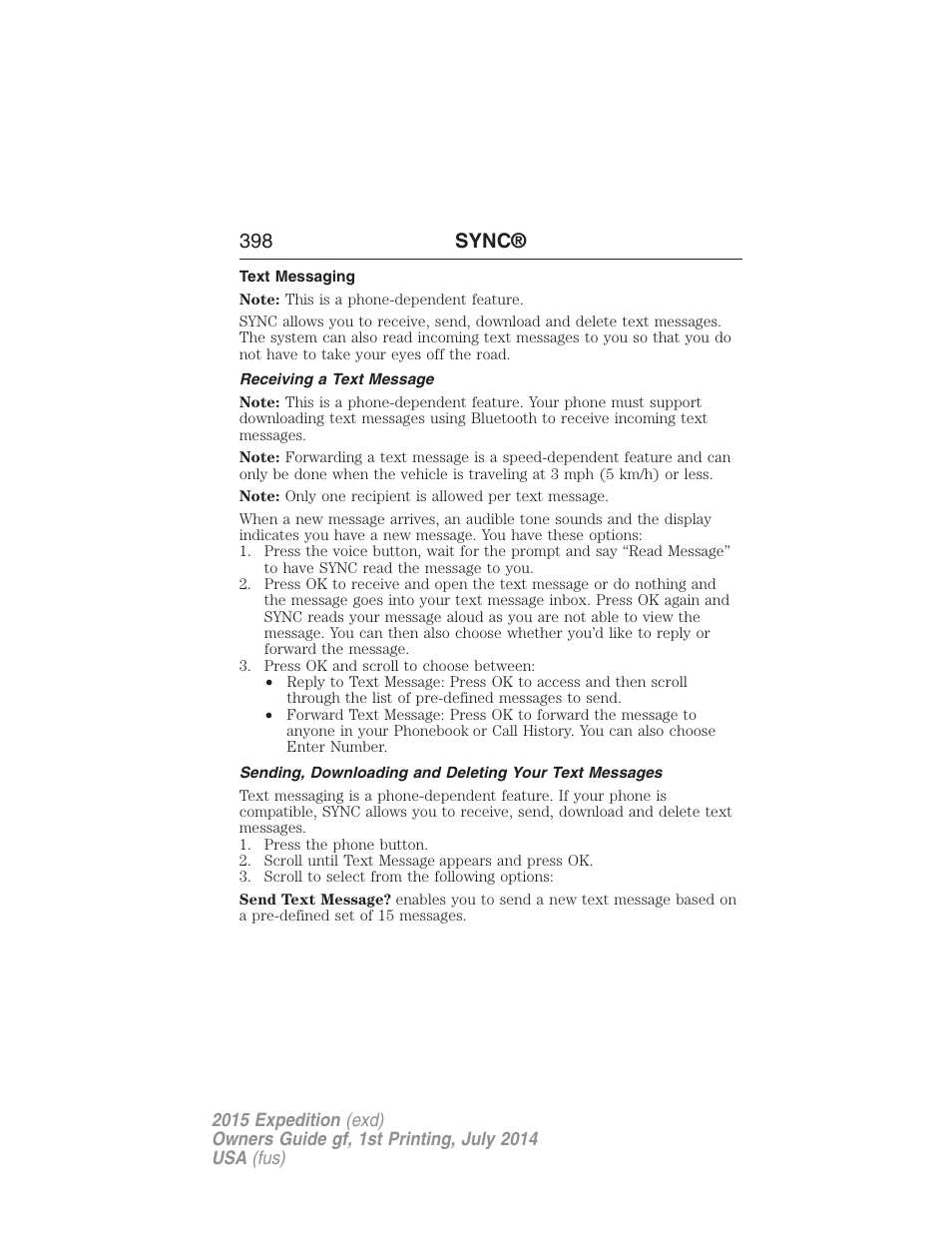 Text messaging, Receiving a text message, 398 sync | FORD 2015 Expedition User Manual | Page 399 / 564