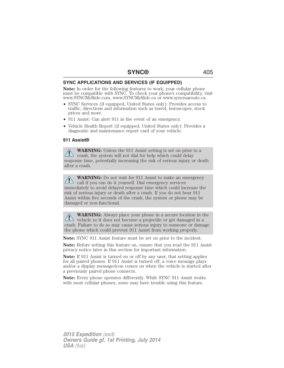 Sync applications and services (if equipped), 911 assist, Sync® 405 | FORD 2015 Expedition User Manual | Page 406 / 564