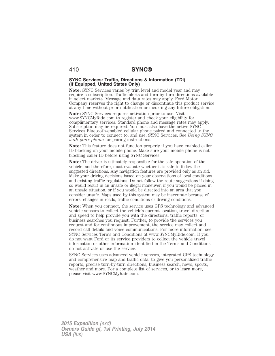 410 sync | FORD 2015 Expedition User Manual | Page 411 / 564