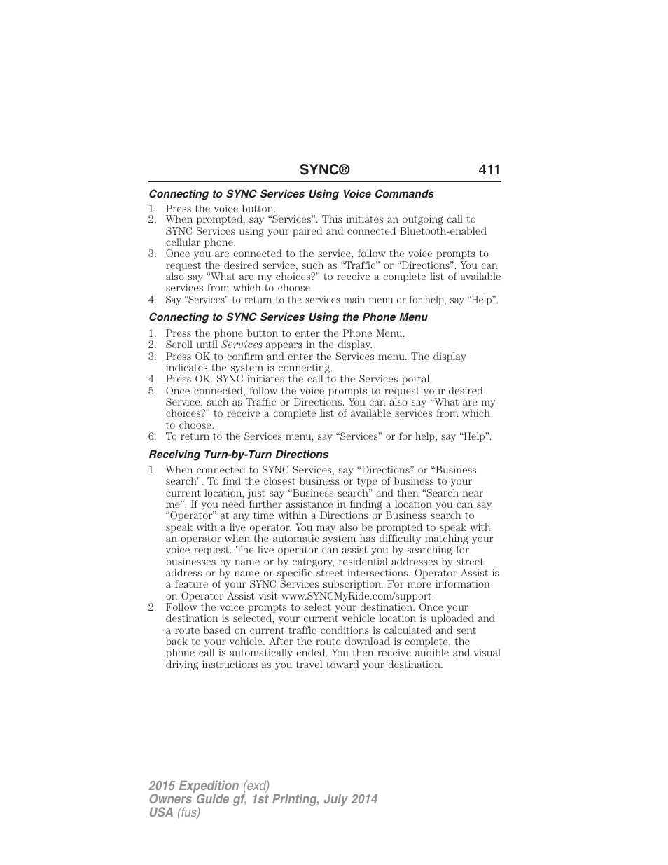 Connecting to sync services using voice commands, Connecting to sync services using the phone menu, Receiving turn-by-turn directions | Sync® 411 | FORD 2015 Expedition User Manual | Page 412 / 564