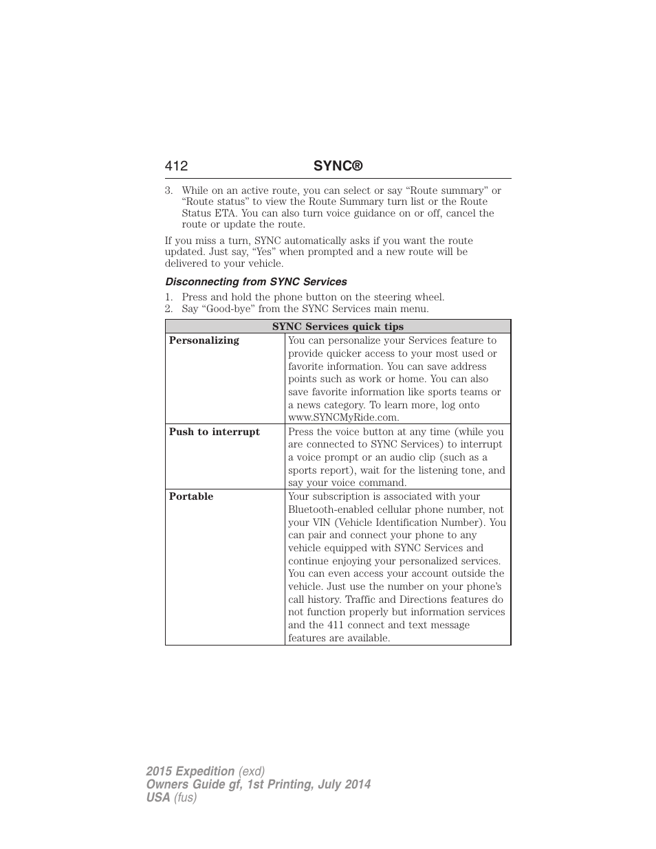 Disconnecting from sync services, 412 sync | FORD 2015 Expedition User Manual | Page 413 / 564