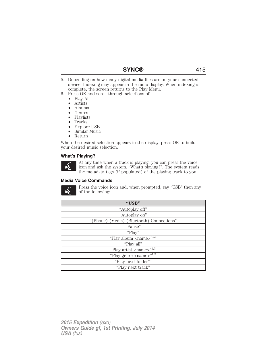 What’s playing, Media voice commands, Sync® 415 | FORD 2015 Expedition User Manual | Page 416 / 564