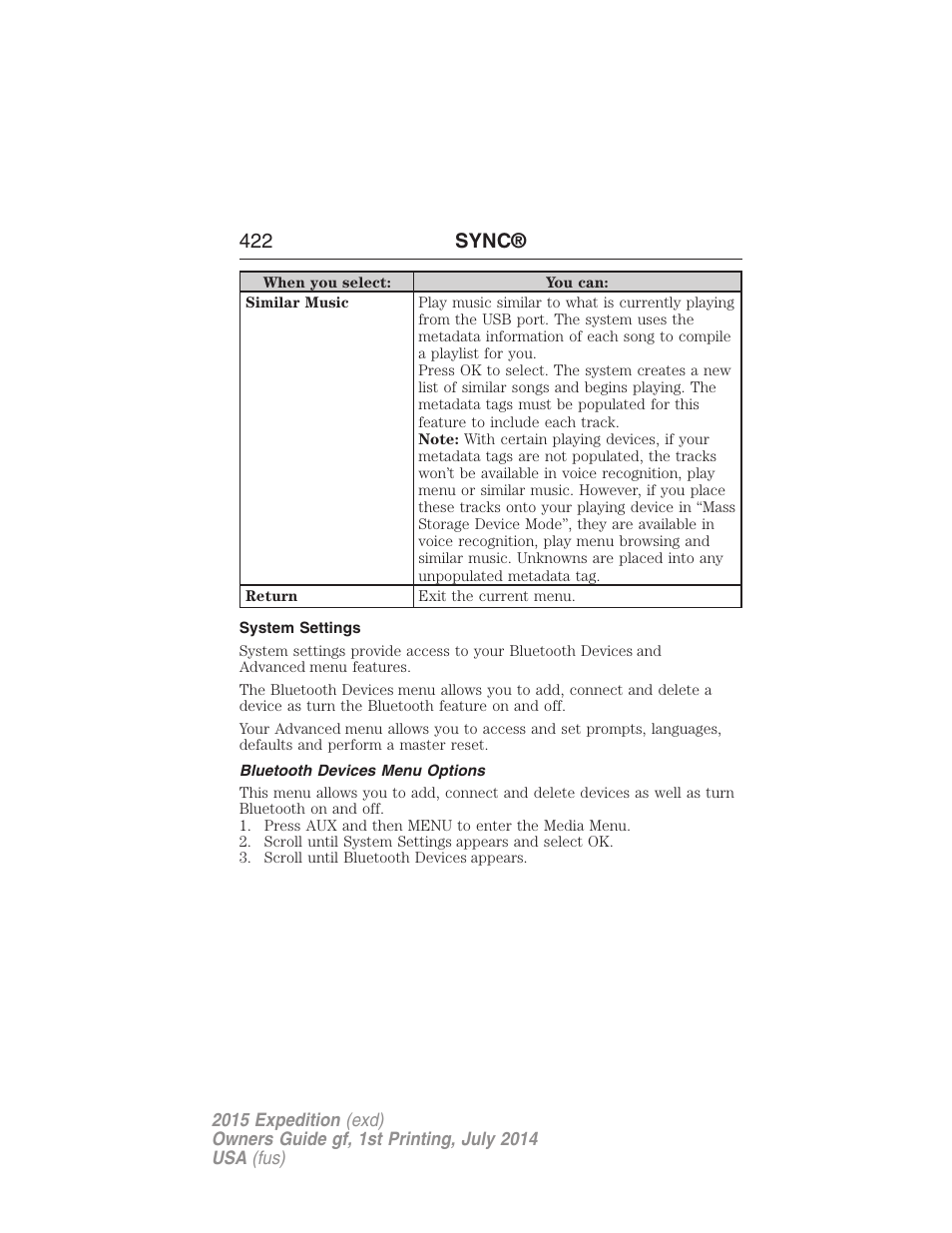 System settings, Bluetooth devices menu options, 422 sync | FORD 2015 Expedition User Manual | Page 423 / 564