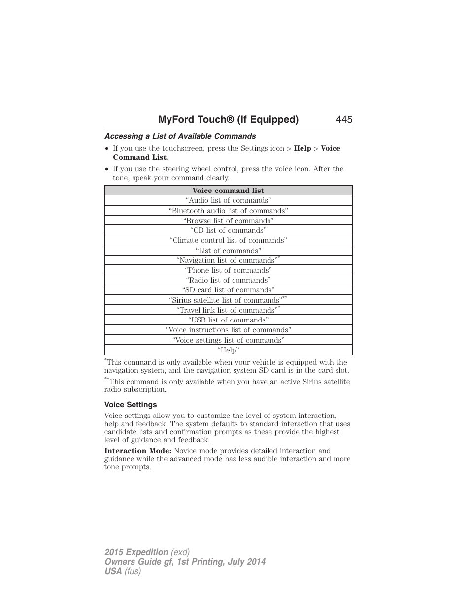 Accessing a list of available commands, Voice settings, Myford touch® (if equipped) 445 | FORD 2015 Expedition User Manual | Page 446 / 564