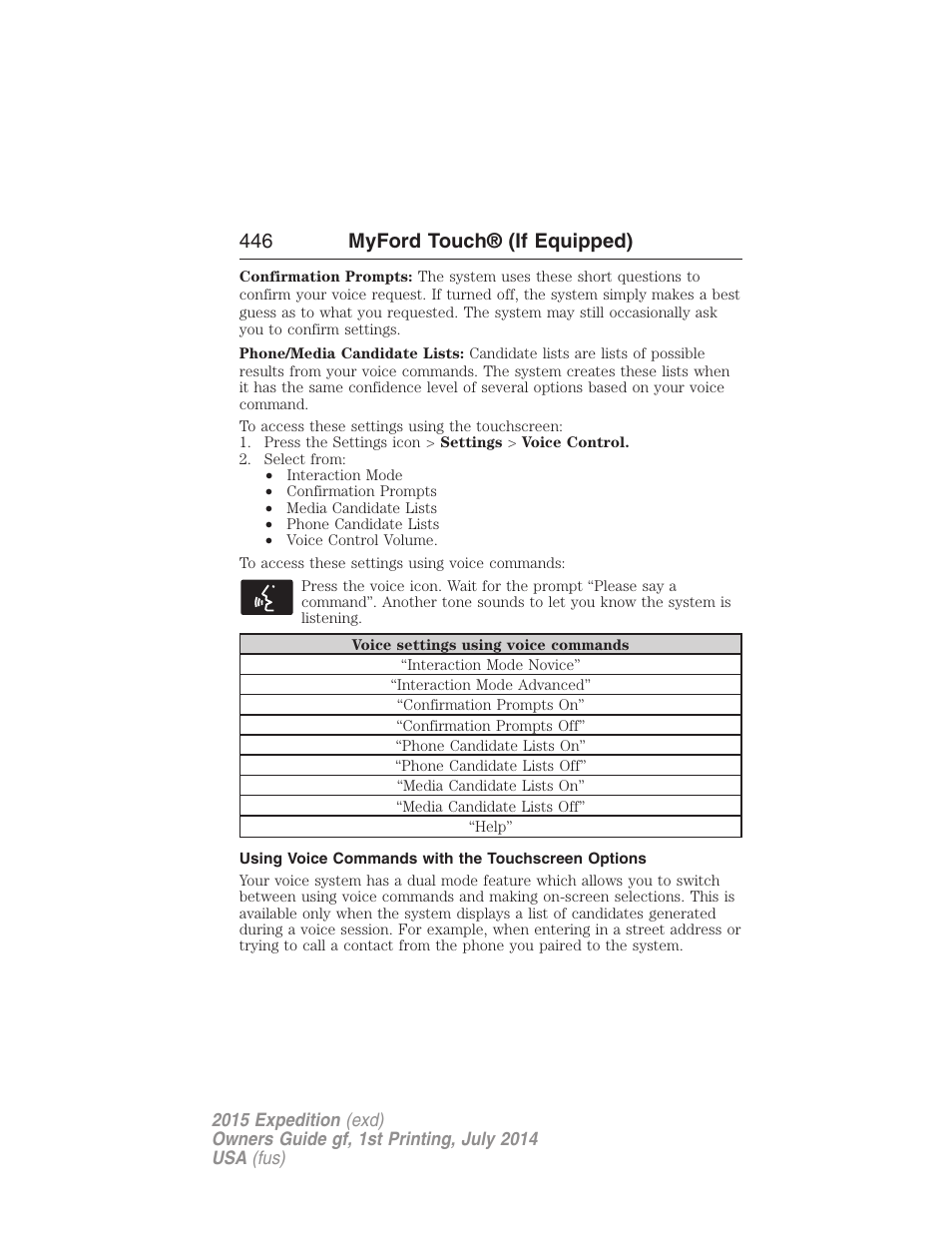 Using voice commands with the touchscreen options, 446 myford touch® (if equipped) | FORD 2015 Expedition User Manual | Page 447 / 564