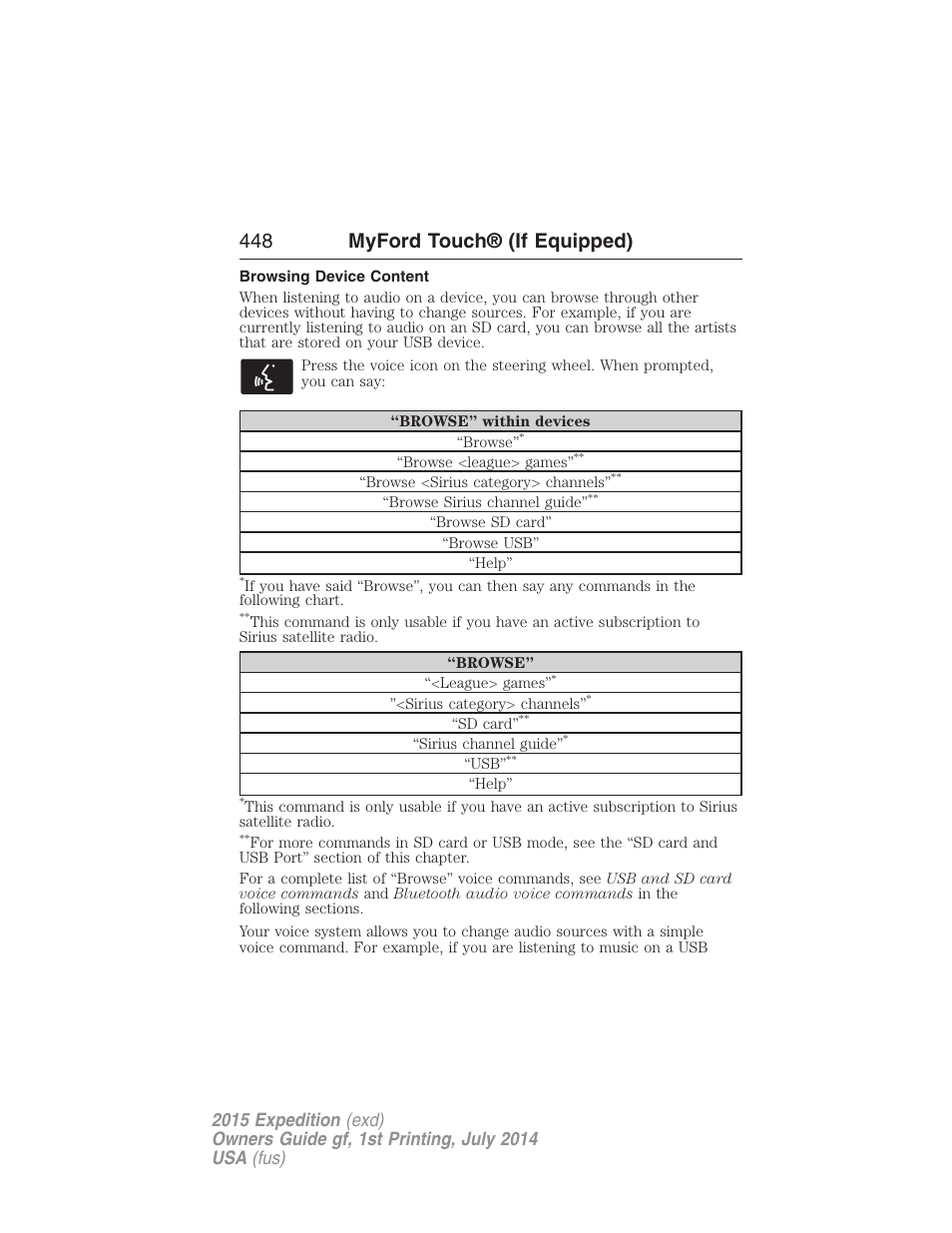 Browsing device content, 448 myford touch® (if equipped) | FORD 2015 Expedition User Manual | Page 449 / 564