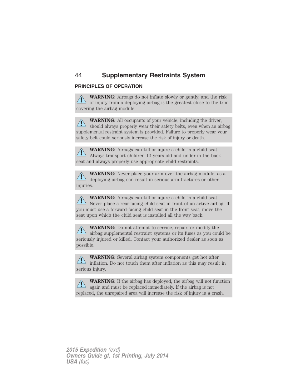 Supplementary restraints system, Principles of operation, 44 supplementary restraints system | FORD 2015 Expedition User Manual | Page 45 / 564