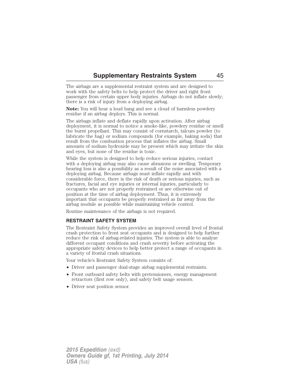 Restraint safety system, Supplementary restraints system 45 | FORD 2015 Expedition User Manual | Page 46 / 564