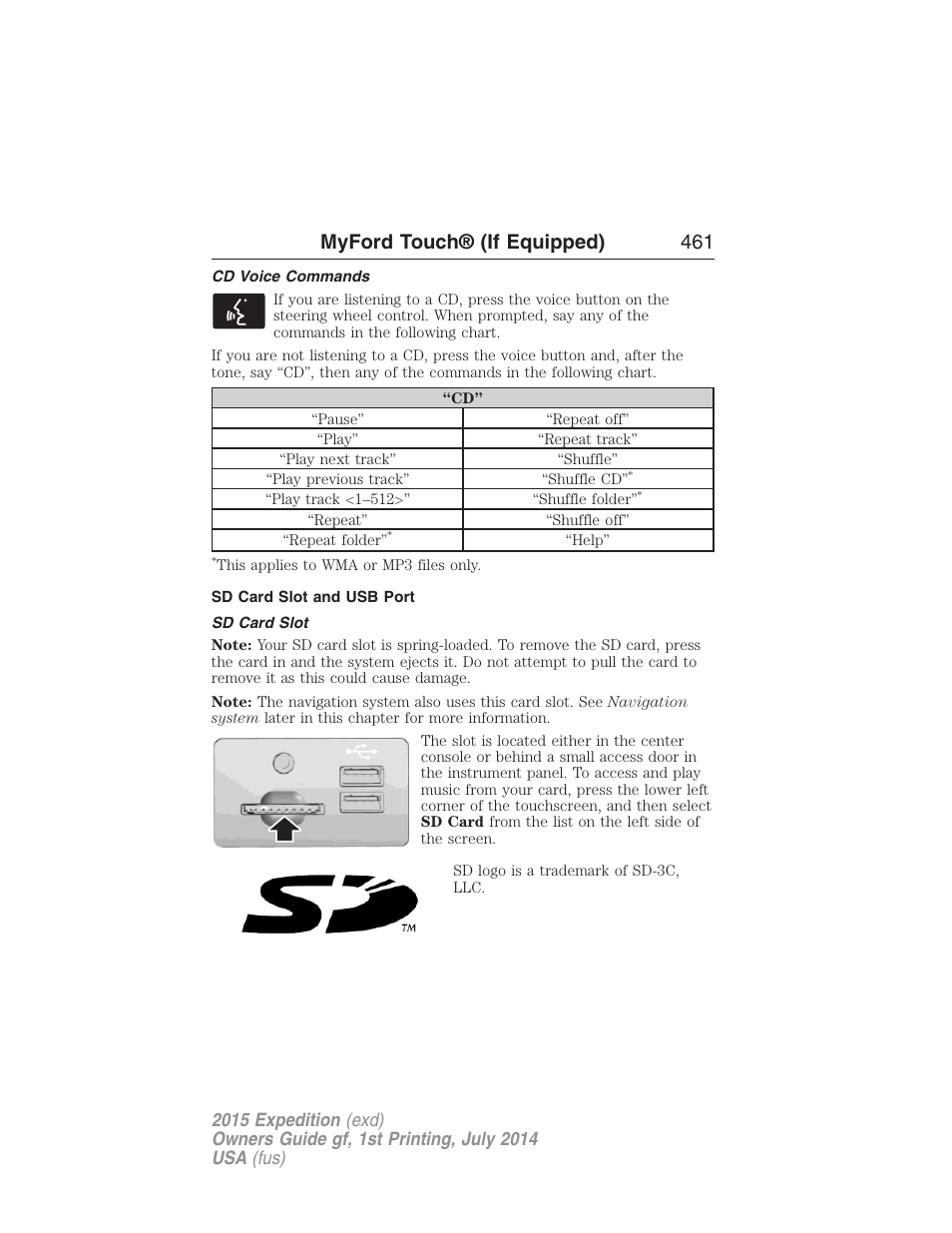 Cd voice commands, Sd card slot and usb port, Sd card slot | Myford touch® (if equipped) 461 | FORD 2015 Expedition User Manual | Page 462 / 564