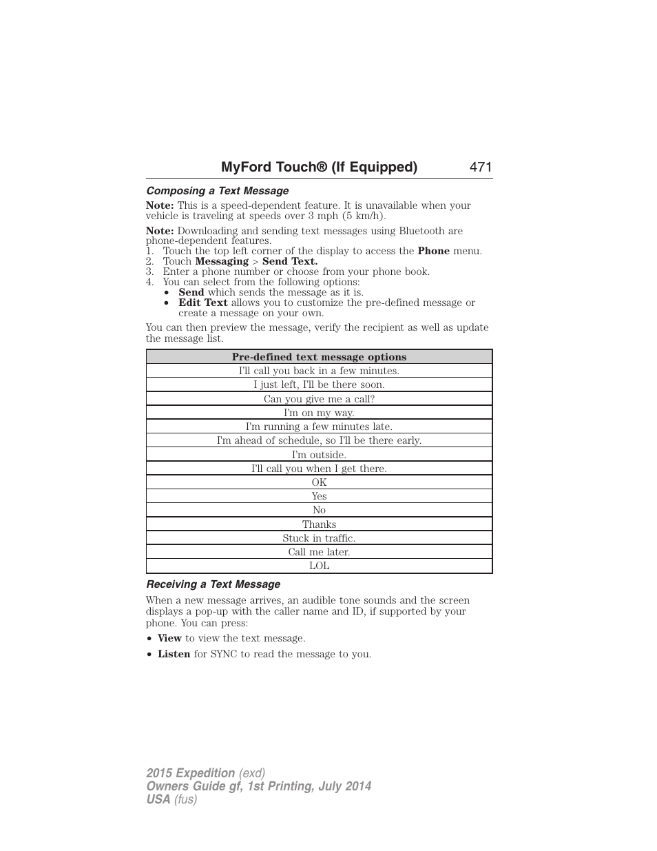 Composing a text message, Receiving a text message, Myford touch® (if equipped) 471 | FORD 2015 Expedition User Manual | Page 472 / 564