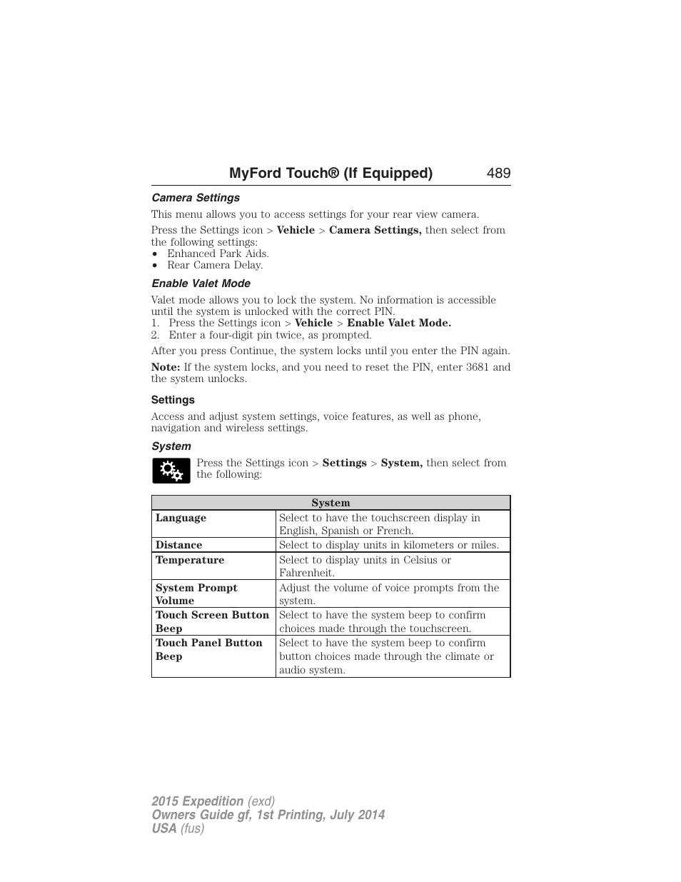 Camera settings, Enable valet mode, Settings | System, Myford touch® (if equipped) 489 | FORD 2015 Expedition User Manual | Page 490 / 564