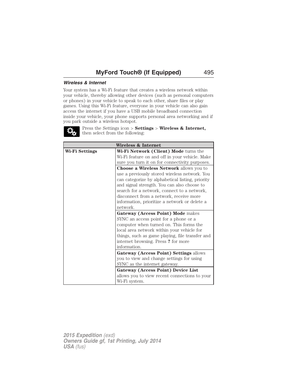 Wireless & internet, Myford touch® (if equipped) 495 | FORD 2015 Expedition User Manual | Page 496 / 564