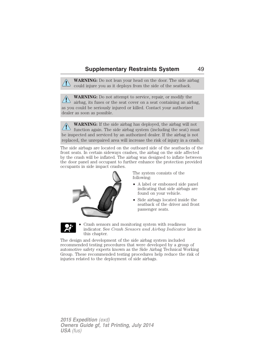 Supplementary restraints system 49 | FORD 2015 Expedition User Manual | Page 50 / 564