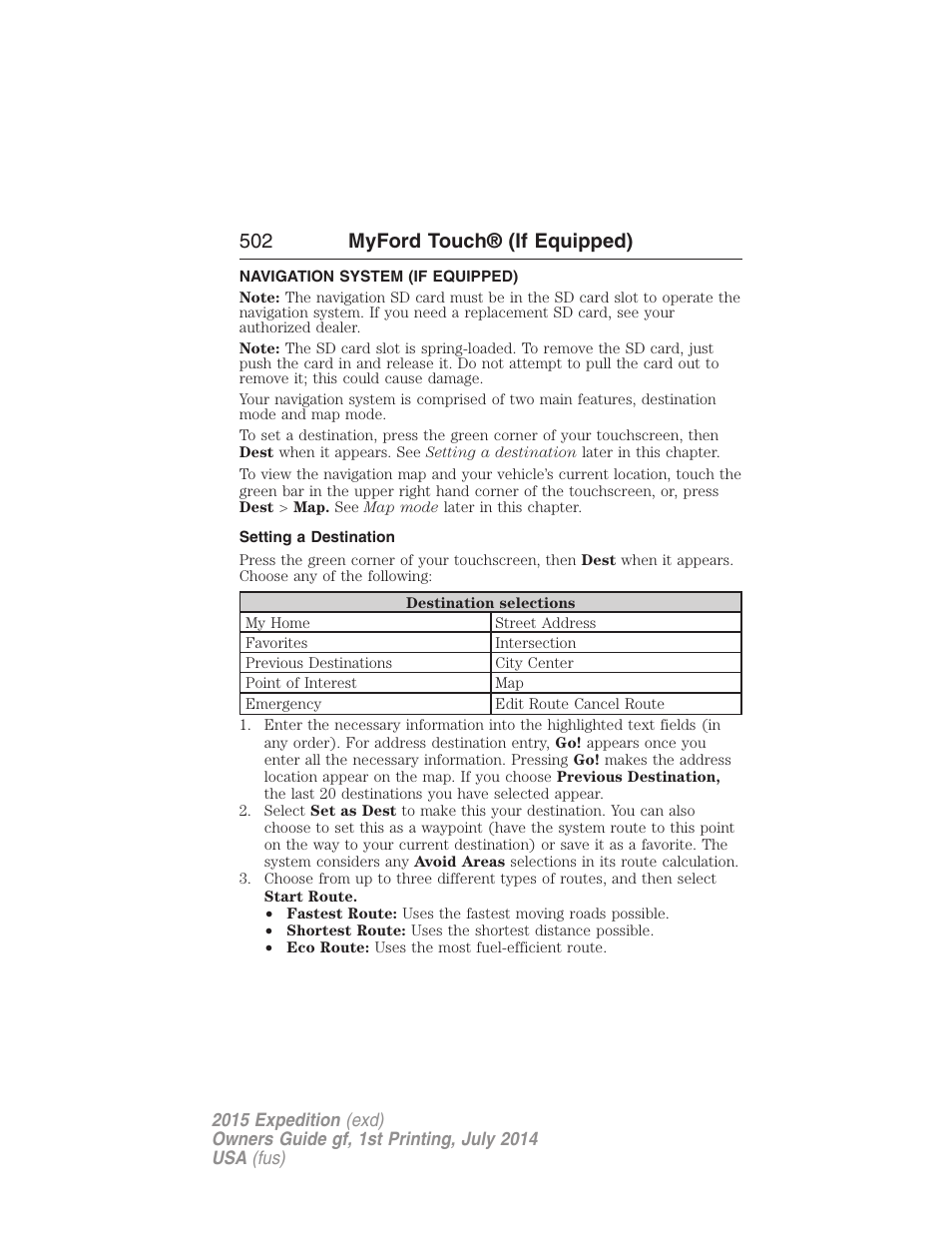 Navigation system (if equipped), Setting a destination, Navigation system | 502 myford touch® (if equipped) | FORD 2015 Expedition User Manual | Page 503 / 564