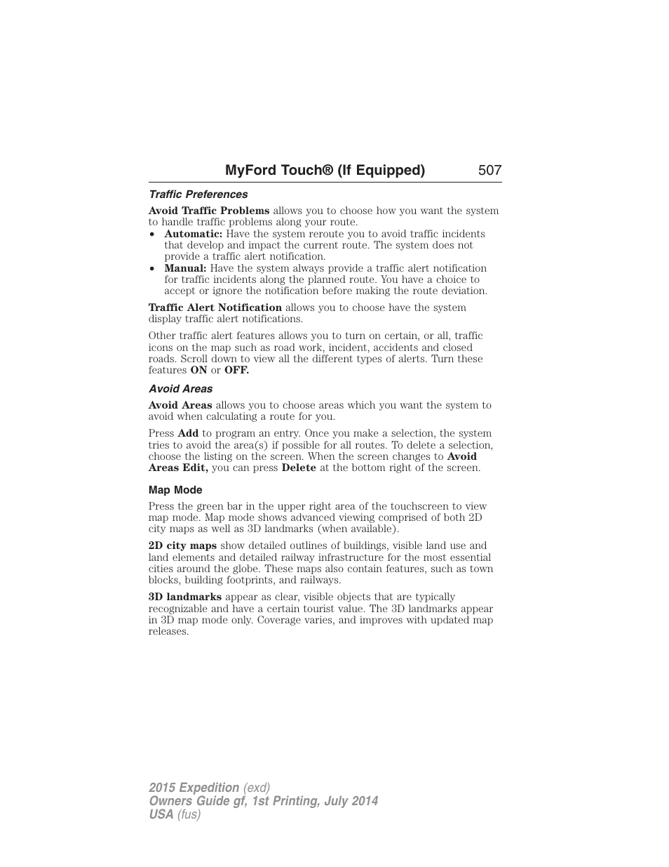 Traffic preferences, Avoid areas, Map mode | Myford touch® (if equipped) 507 | FORD 2015 Expedition User Manual | Page 508 / 564