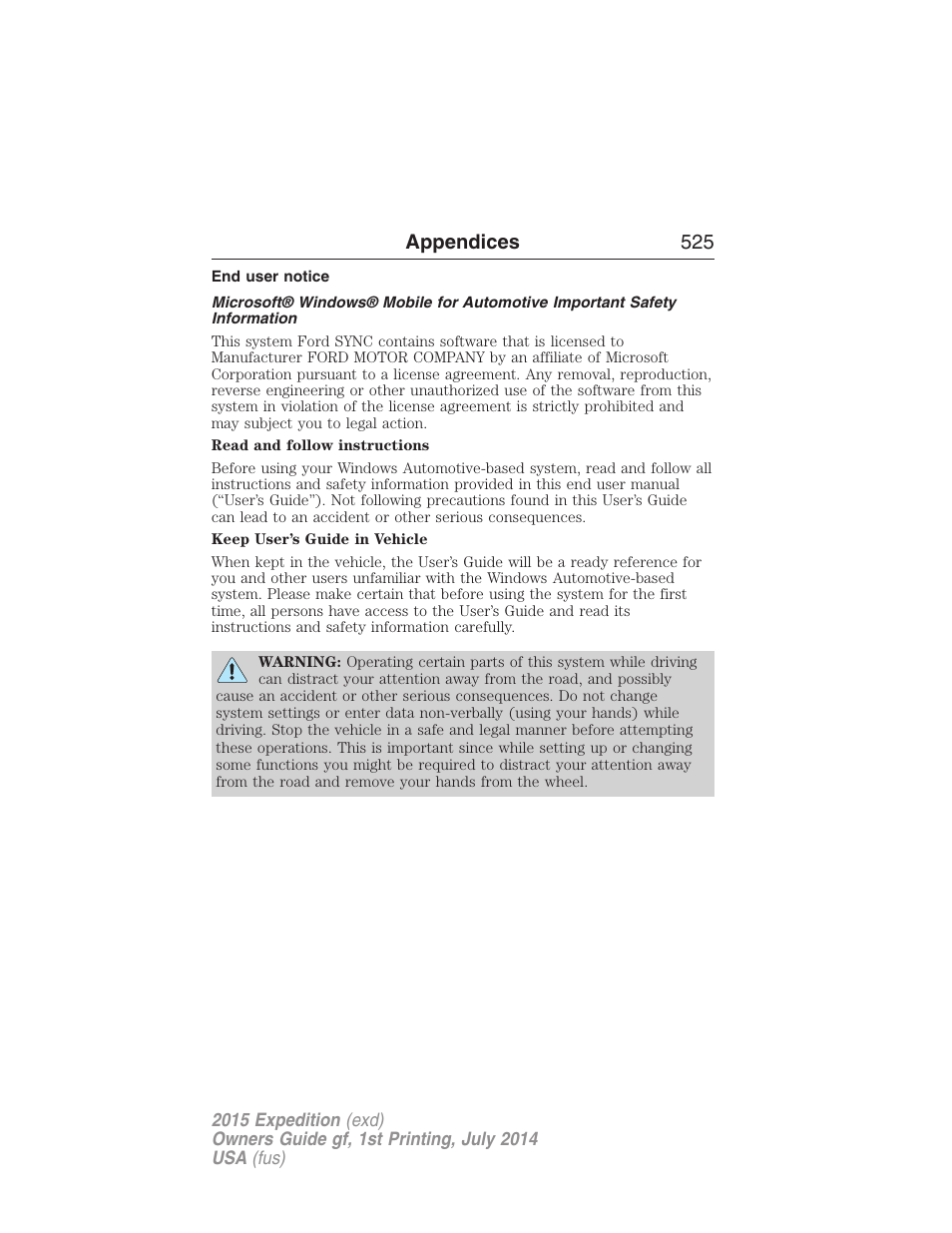 End user notice, Appendices 525 | FORD 2015 Expedition User Manual | Page 526 / 564