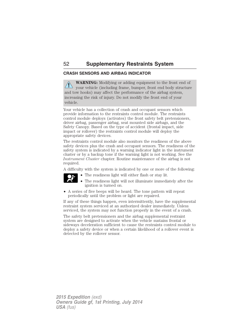 Crash sensors and airbag indicator, 52 supplementary restraints system | FORD 2015 Expedition User Manual | Page 53 / 564