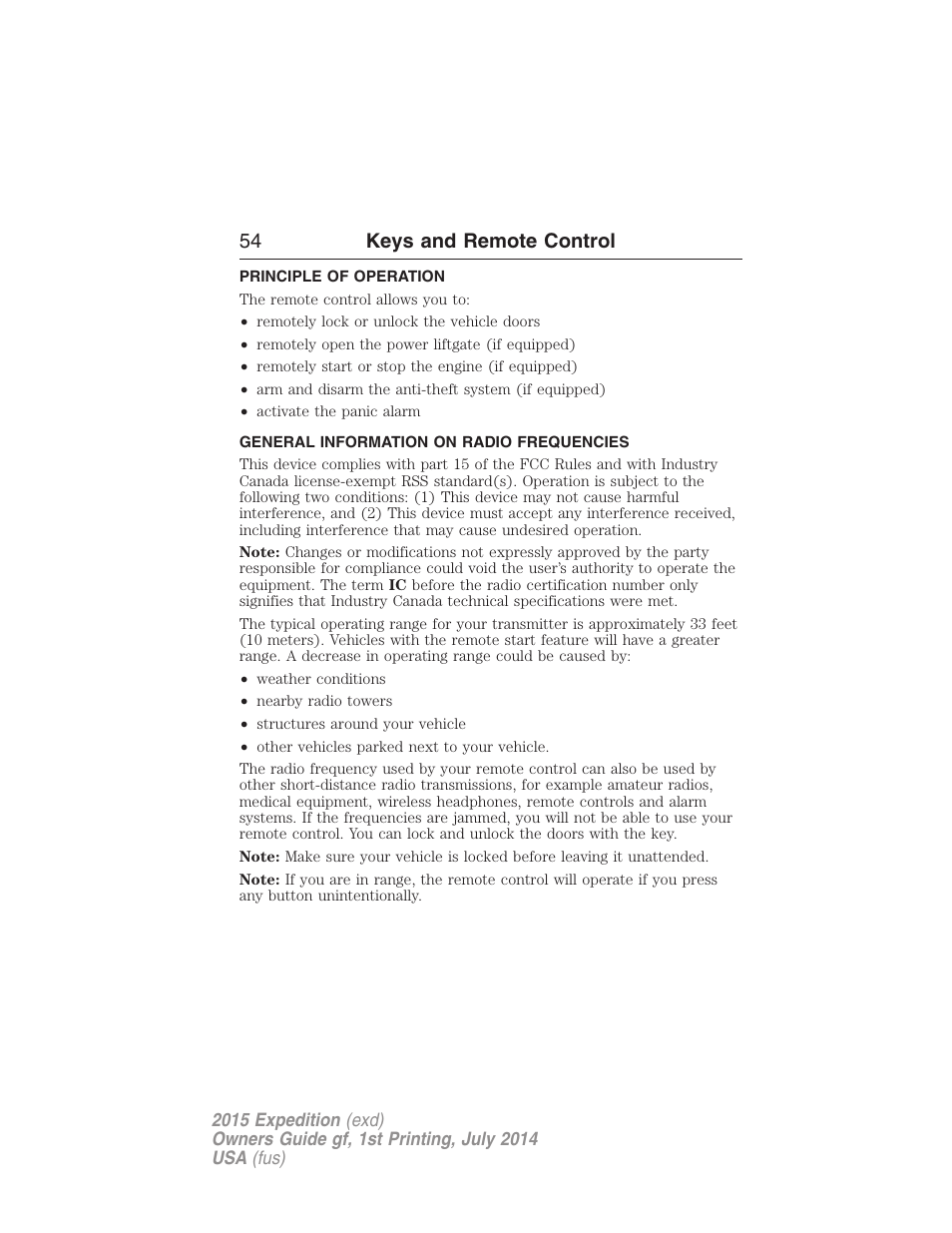 Keys and remote control, Principle of operation, General information on radio frequencies | 54 keys and remote control | FORD 2015 Expedition User Manual | Page 55 / 564