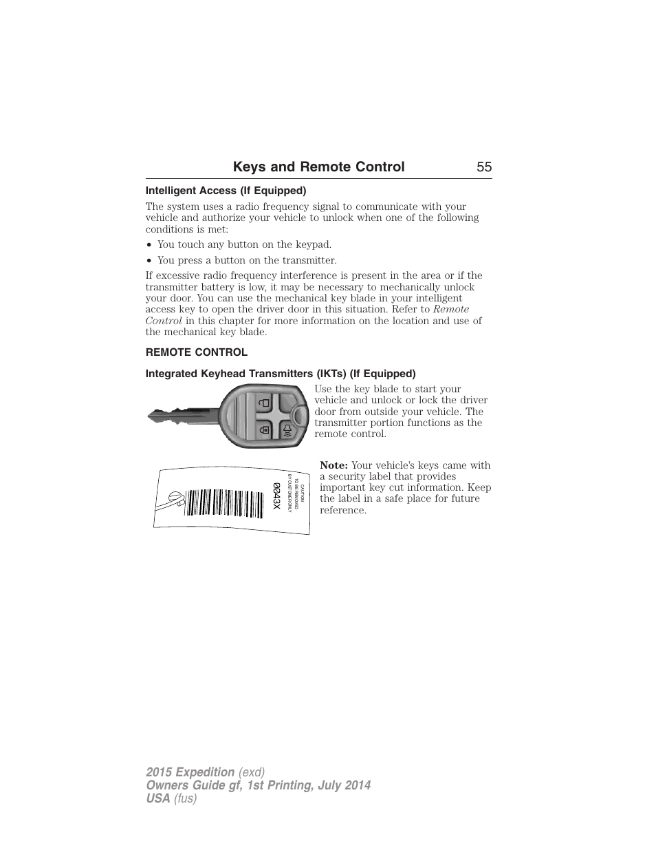 Intelligent access (if equipped), Remote control, Keys | Keys and remote control 55 | FORD 2015 Expedition User Manual | Page 56 / 564