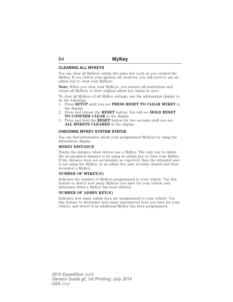 Clearing all mykeys, Checking mykey system status, Clearing | System status, 64 mykey | FORD 2015 Expedition User Manual | Page 65 / 564