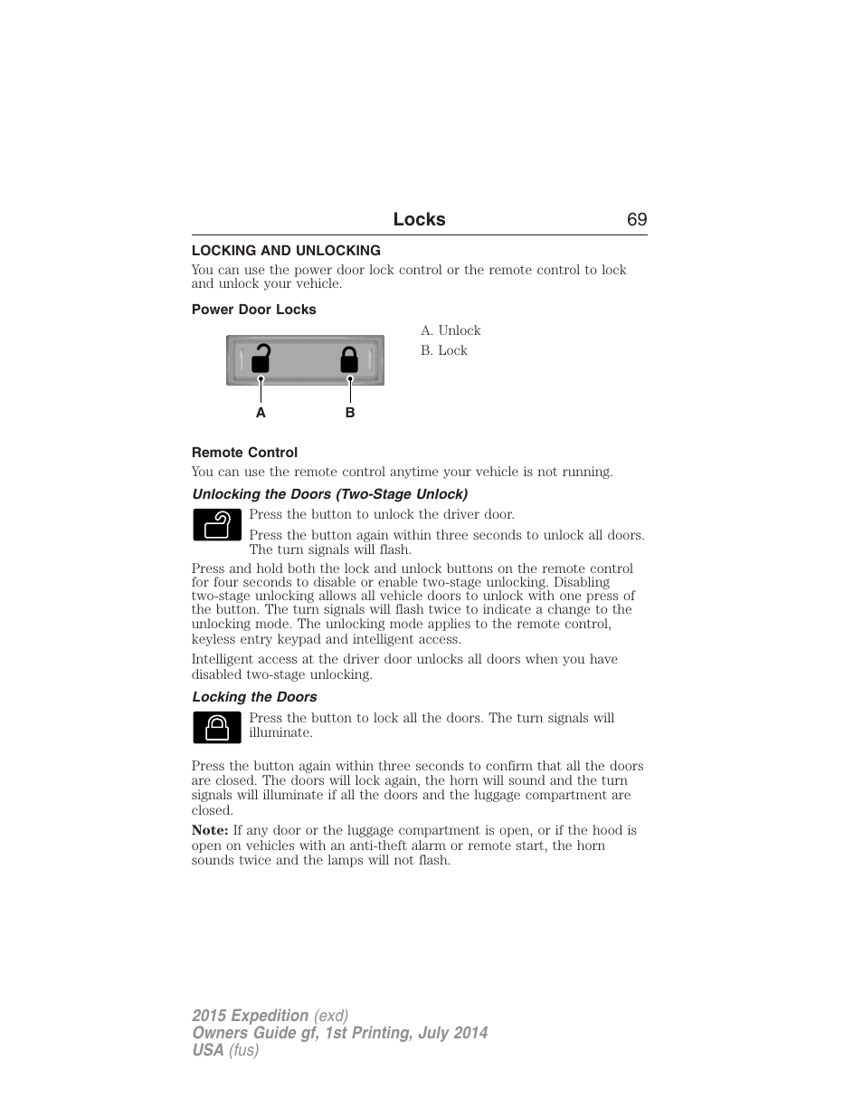 Locks, Locking and unlocking, Power door locks | Remote control, Unlocking the doors (two-stage unlock), Locking the doors, Locks 69 | FORD 2015 Expedition User Manual | Page 70 / 564