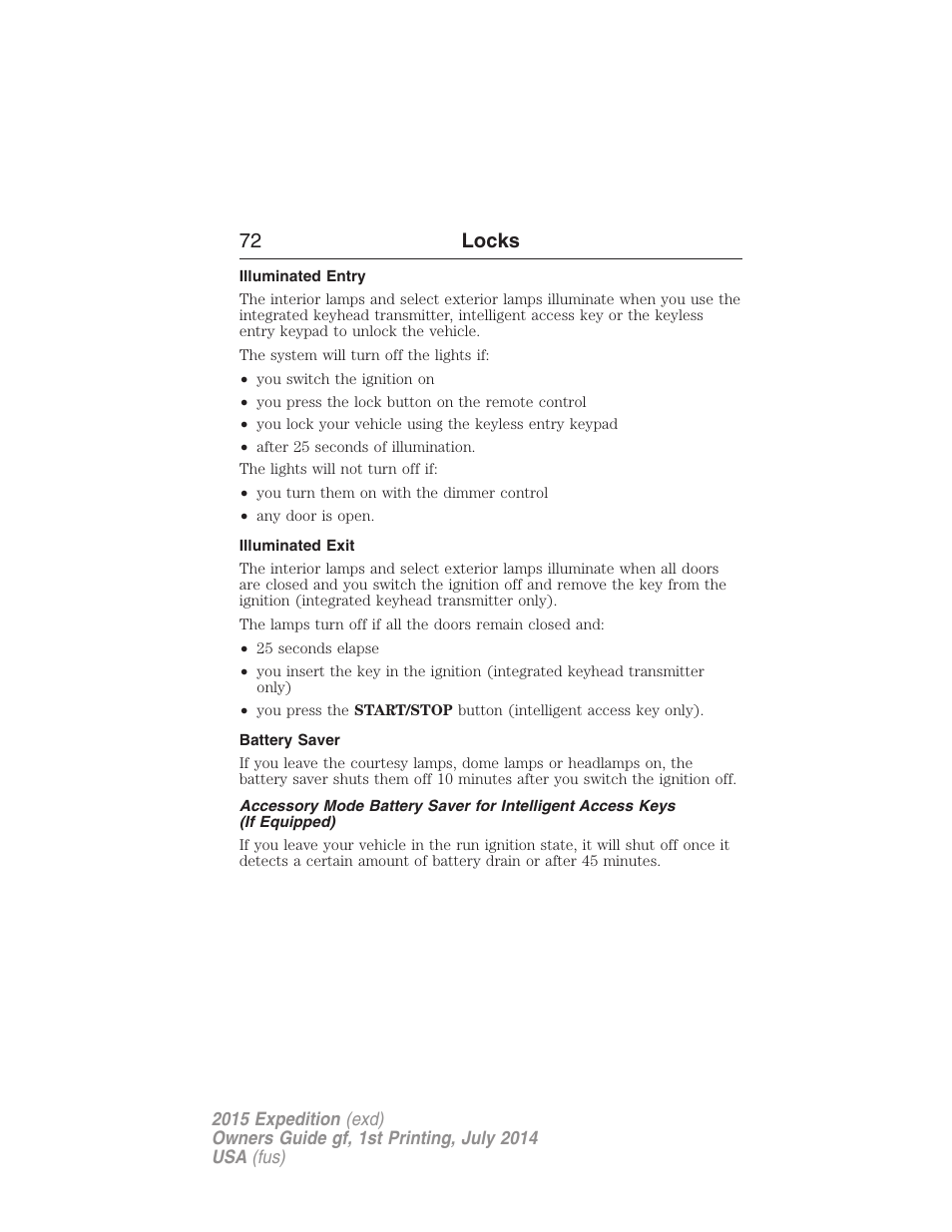 Illuminated entry, Illuminated exit, Battery saver | 72 locks | FORD 2015 Expedition User Manual | Page 73 / 564