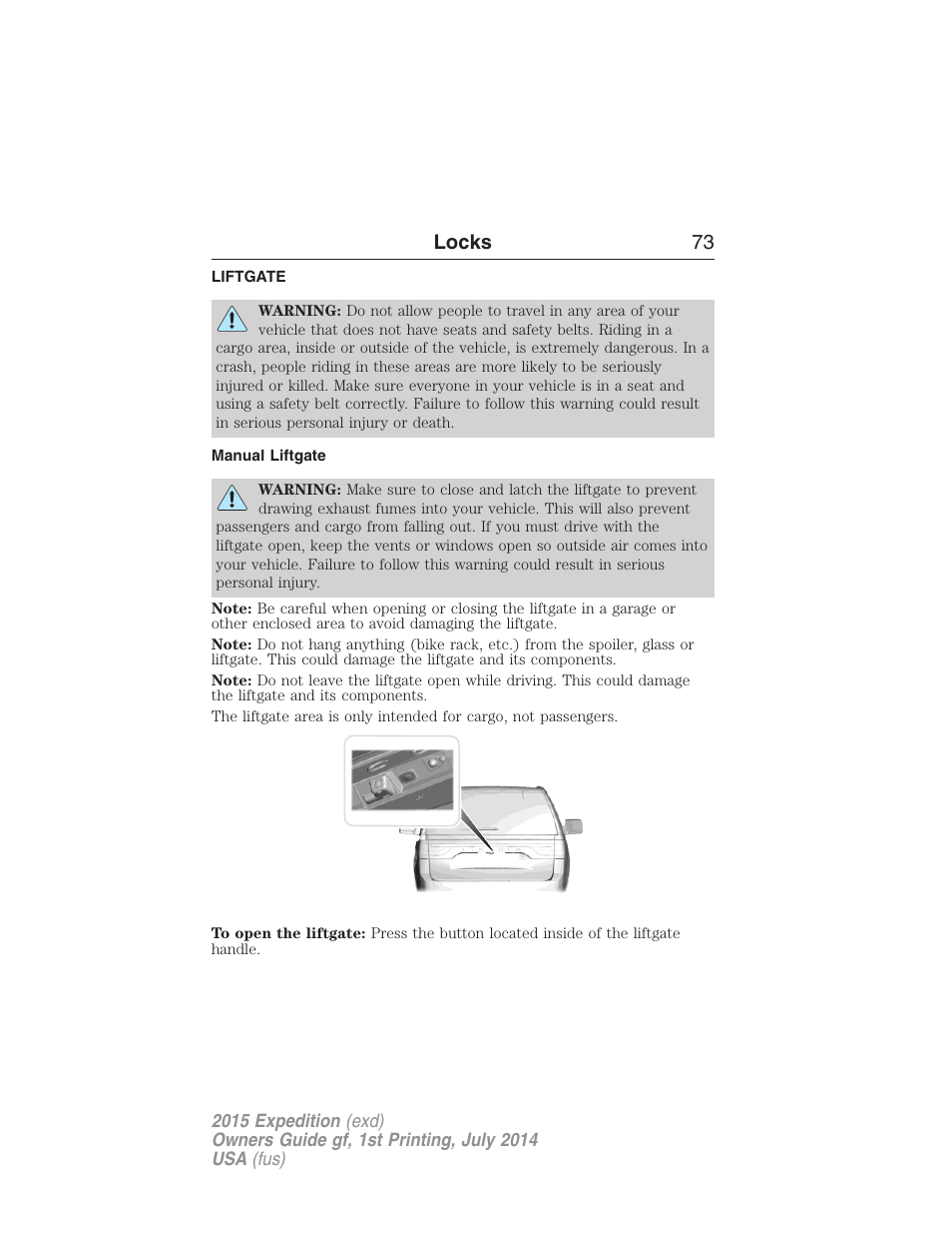 Liftgate, Manual liftgate, Locks 73 | FORD 2015 Expedition User Manual | Page 74 / 564