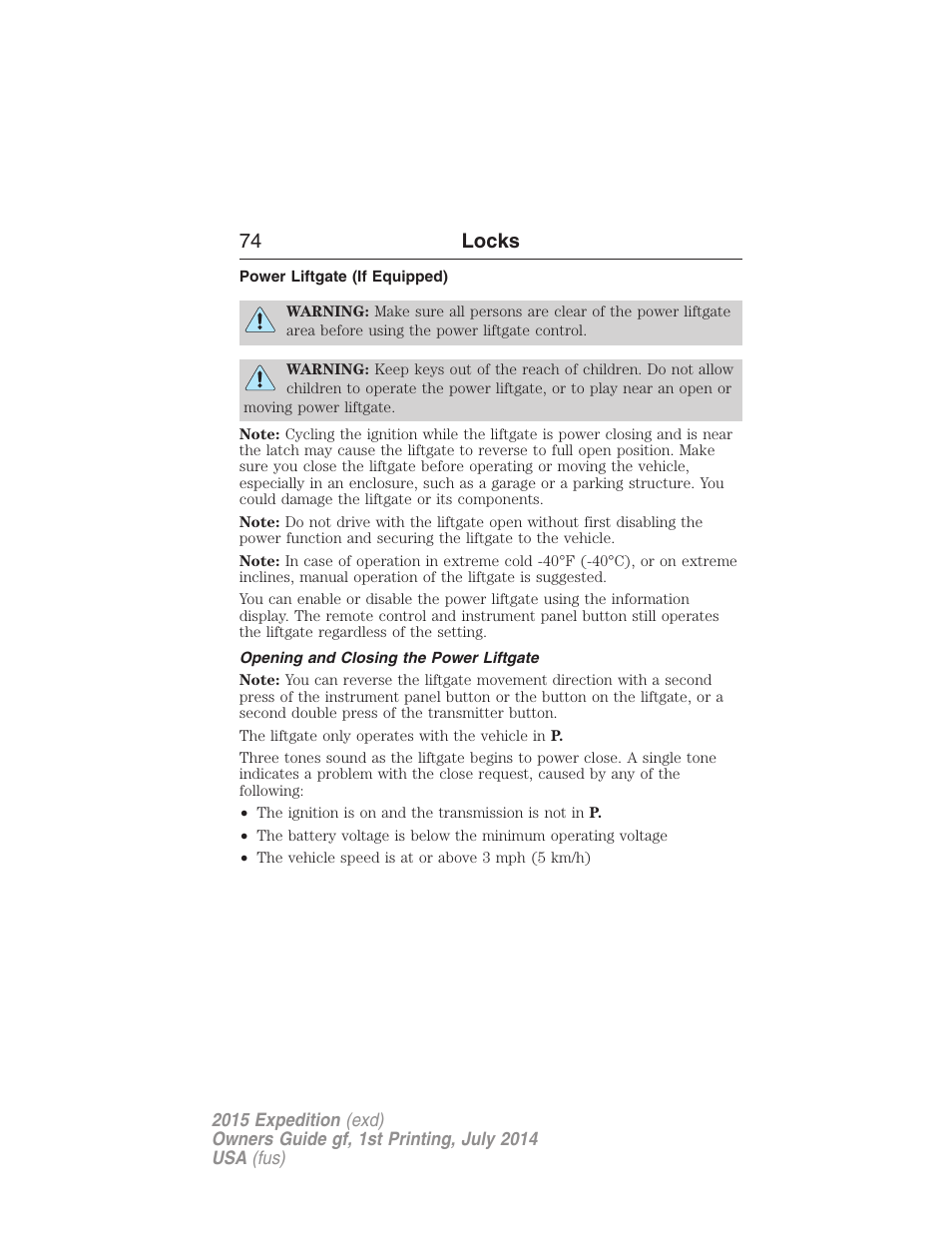 Power liftgate (if equipped), Opening and closing the power liftgate, 74 locks | FORD 2015 Expedition User Manual | Page 75 / 564