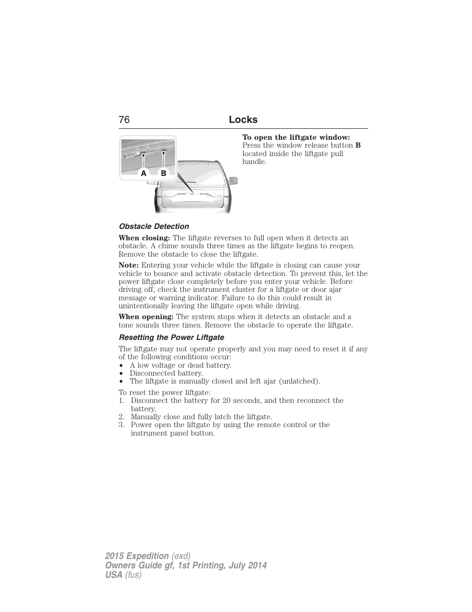 Obstacle detection, Resetting the power liftgate, 76 locks | FORD 2015 Expedition User Manual | Page 77 / 564