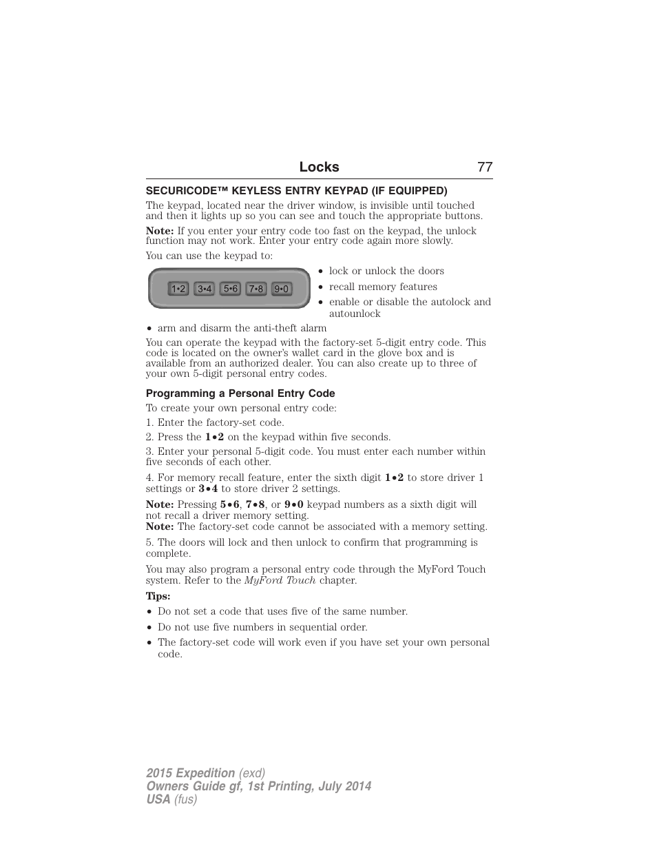 Securicode™ keyless entry keypad (if equipped), Programming a personal entry code, Securicode™ keyless entry keypad | Locks 77 | FORD 2015 Expedition User Manual | Page 78 / 564