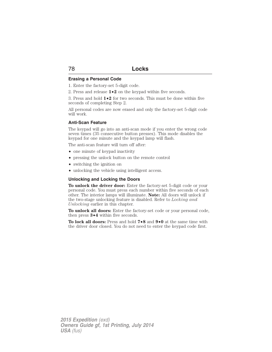 Erasing a personal code, Anti-scan feature, Unlocking and locking the doors | 78 locks | FORD 2015 Expedition User Manual | Page 79 / 564