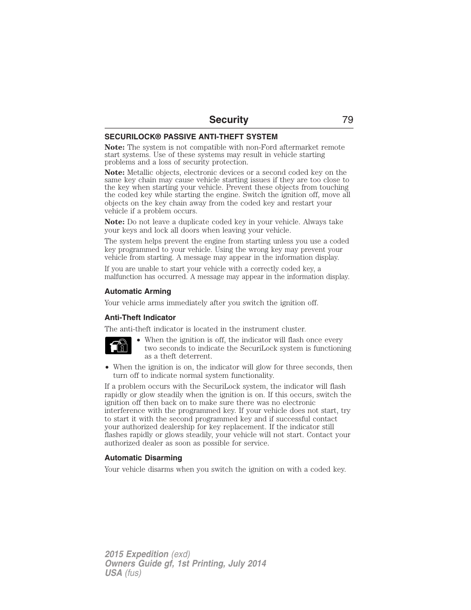 Security, Securilock® passive anti-theft system, Automatic arming | Anti-theft indicator, Automatic disarming, Security 79 | FORD 2015 Expedition User Manual | Page 80 / 564