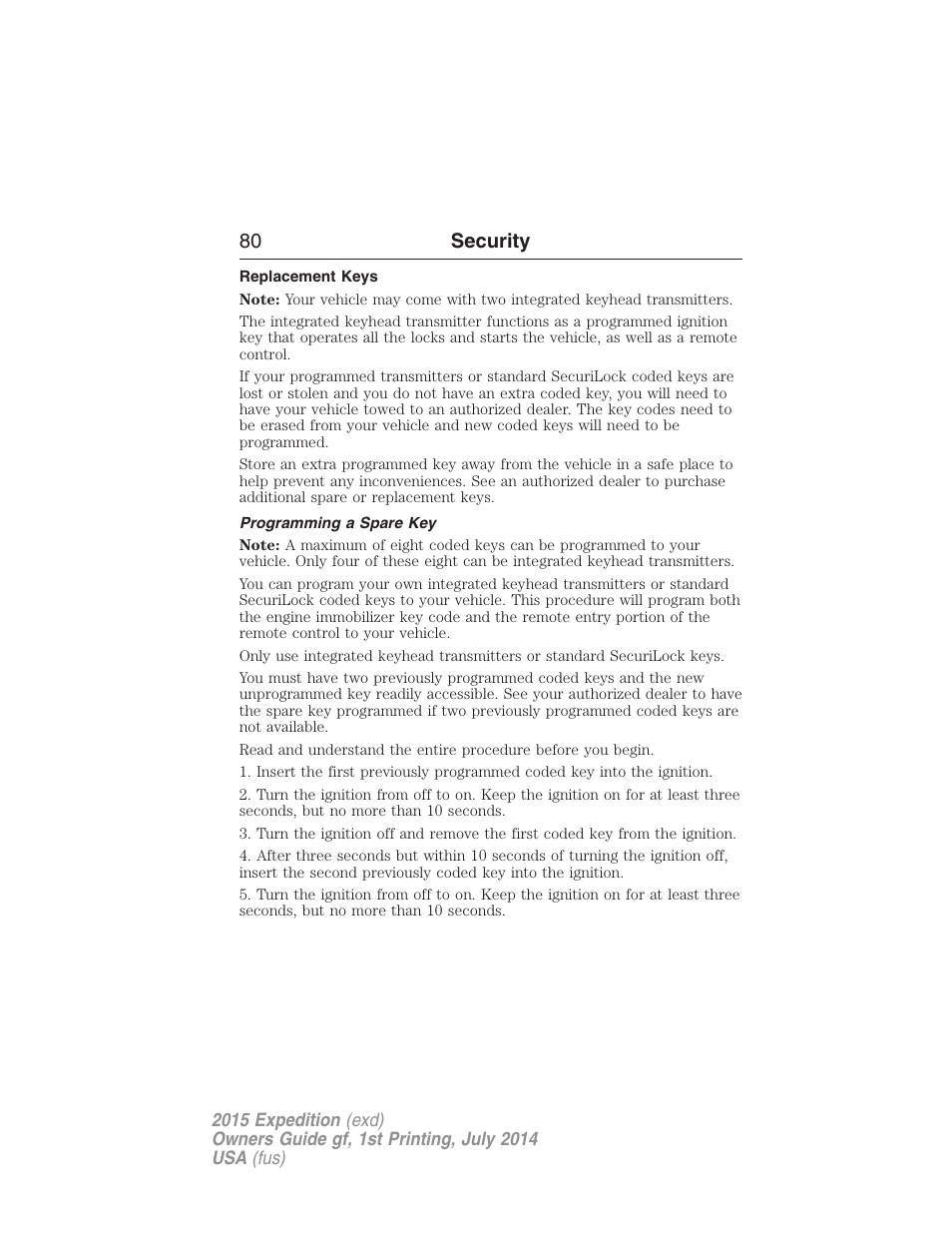 Replacement keys, Programming a spare key, 80 security | FORD 2015 Expedition User Manual | Page 81 / 564